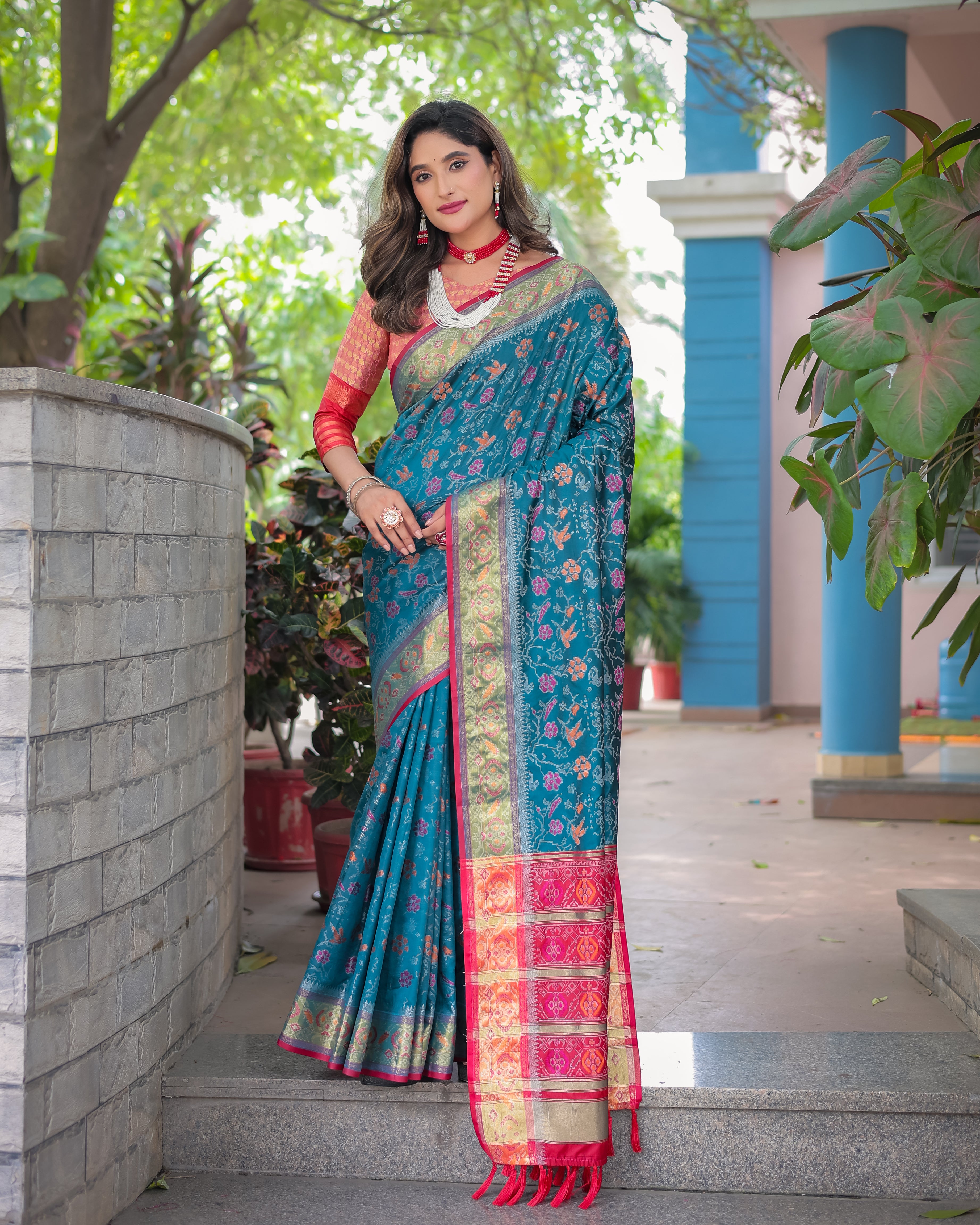 Teal and Pink Banarasi Patola Soft Silk Saree