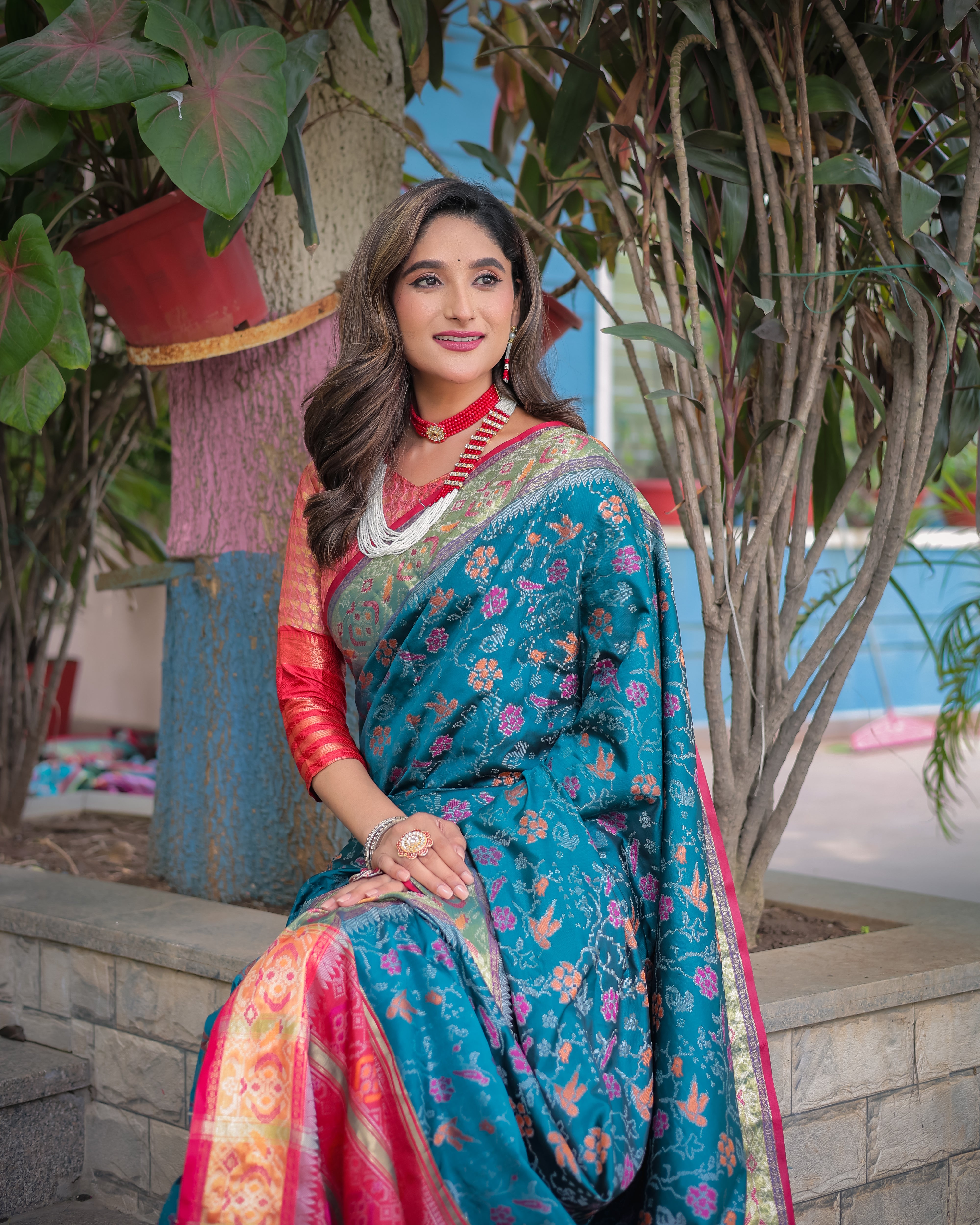 Teal and Pink Banarasi Patola Soft Silk Saree