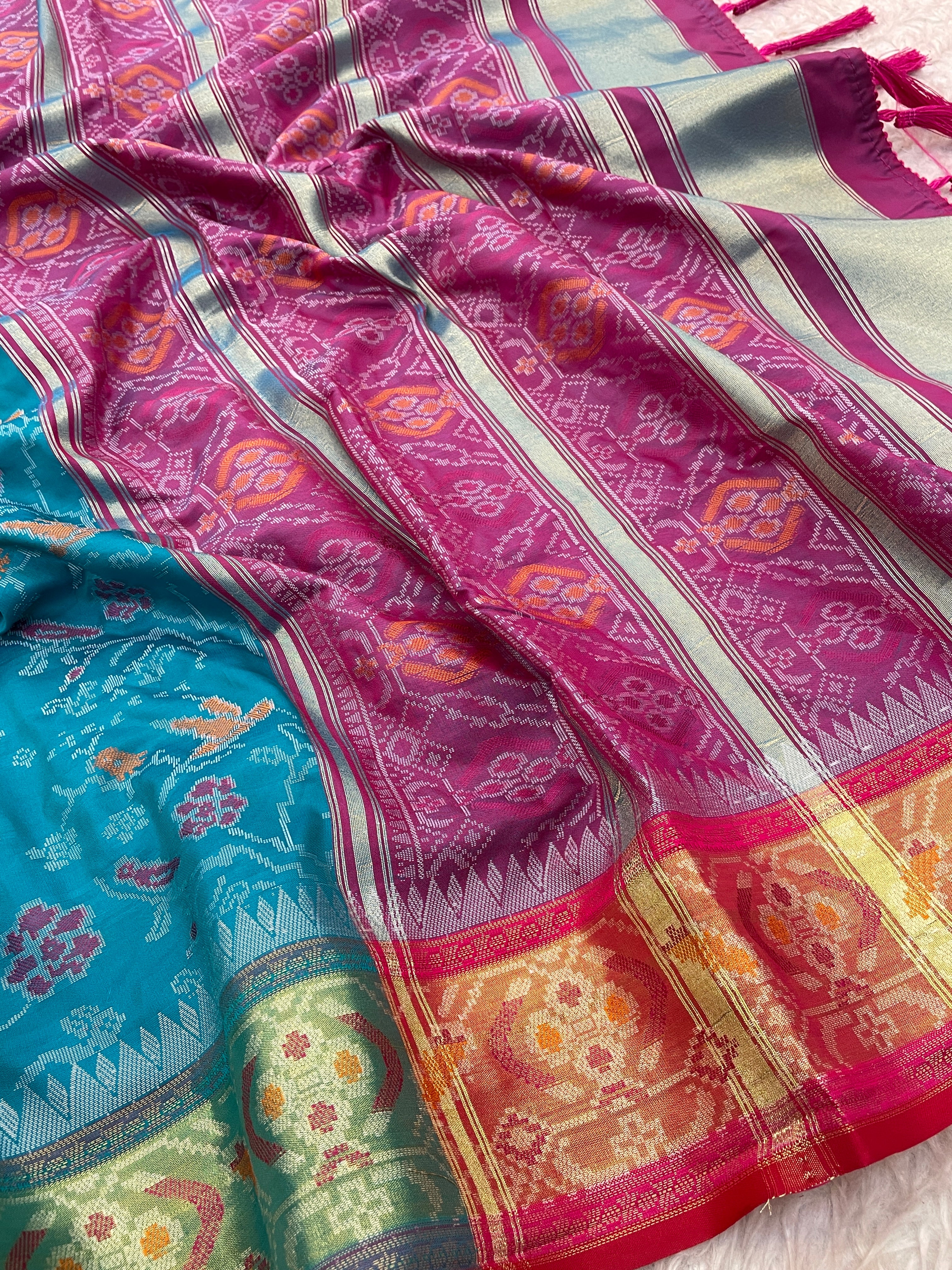 Teal and Pink Banarasi Patola Soft Silk Saree