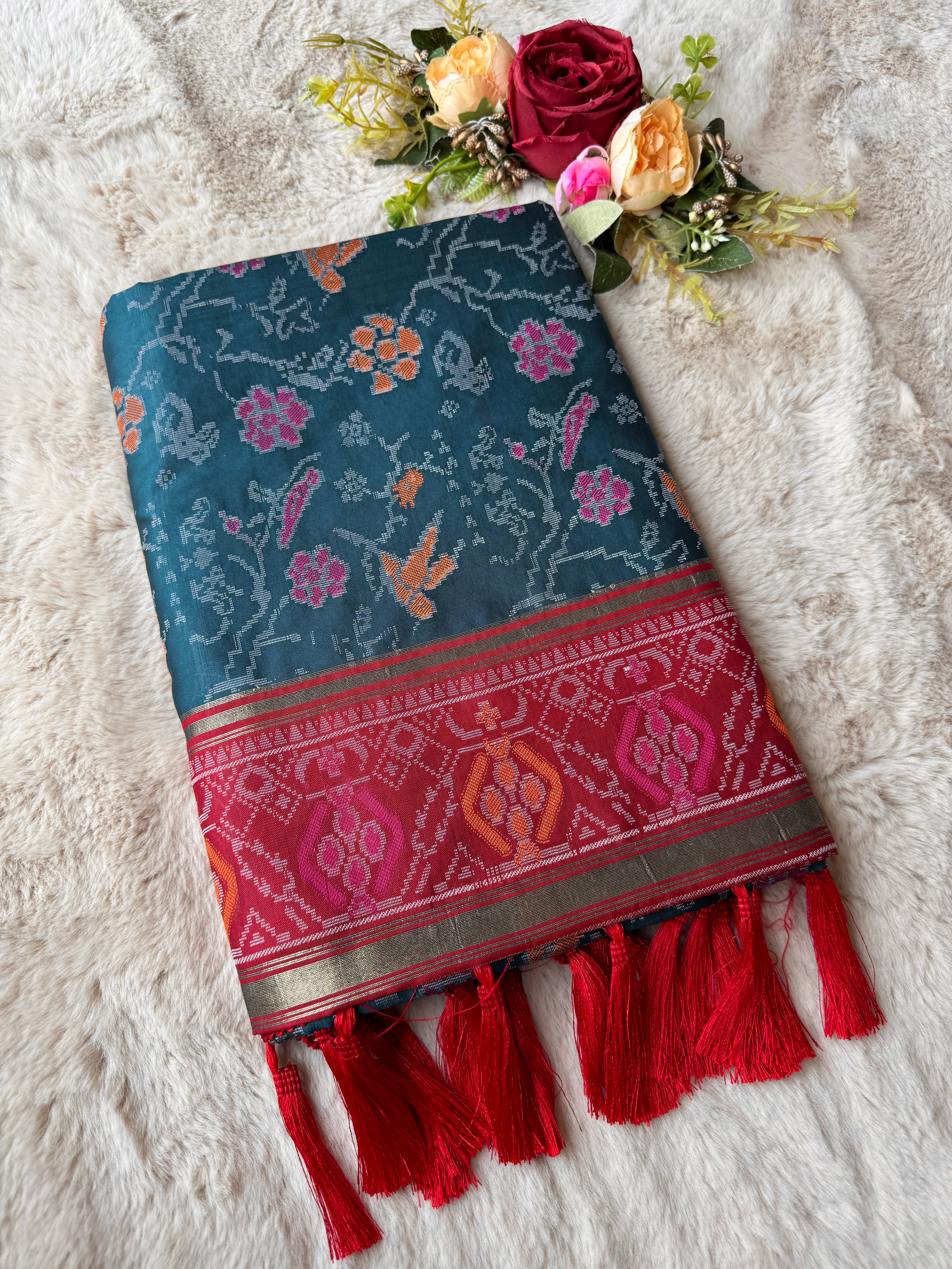 Teal and Pink Banarasi Patola Soft Silk Saree