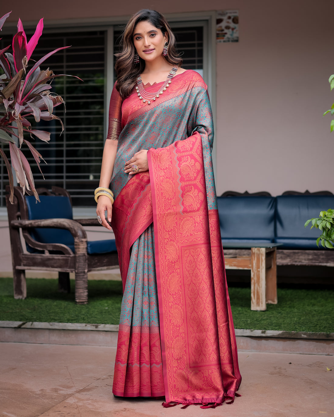 Turquoise Designer Tassels Premium Banarsi Silk Saree