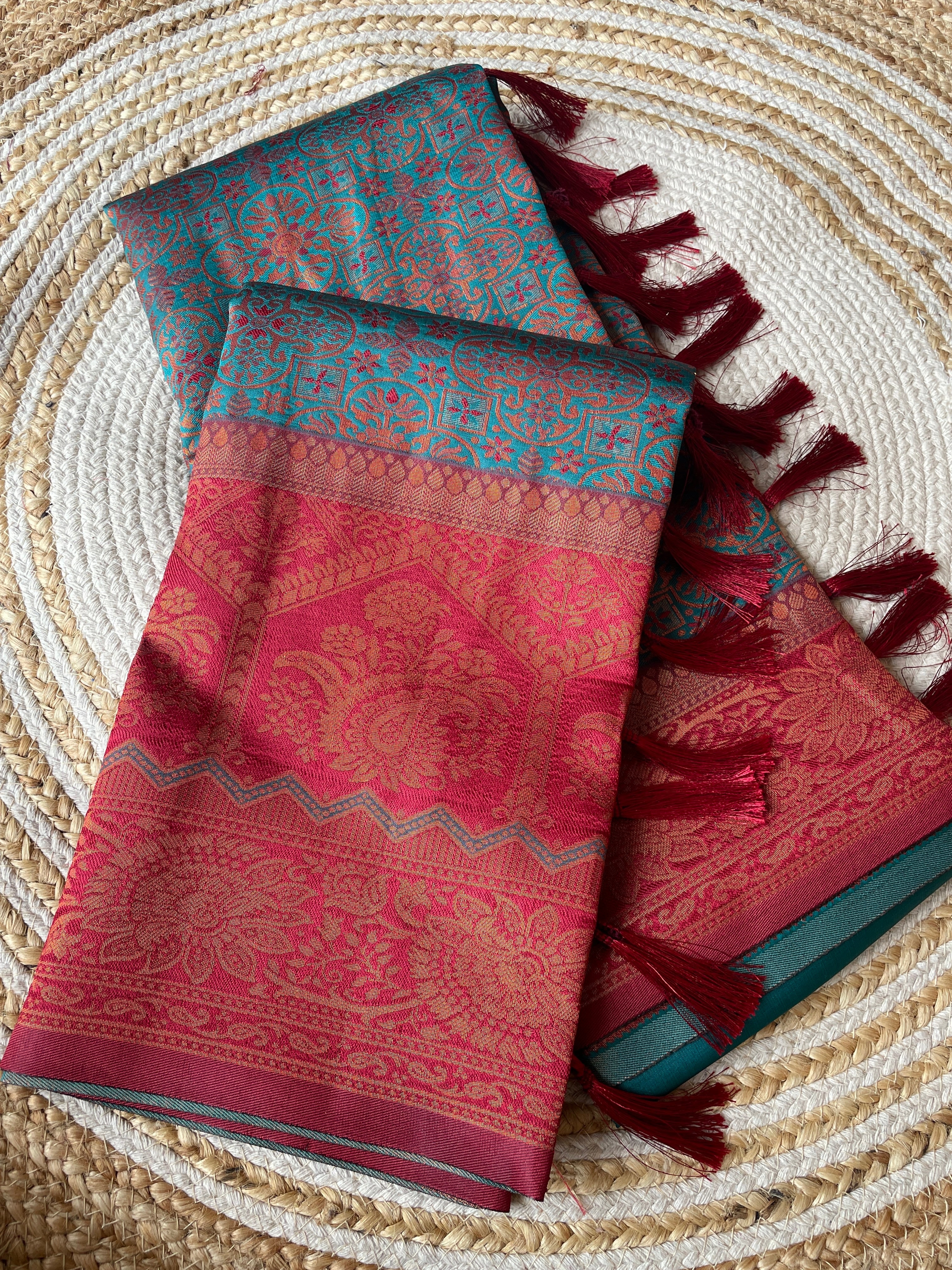 Turquoise Designer Tassels Premium Banarsi Silk Saree