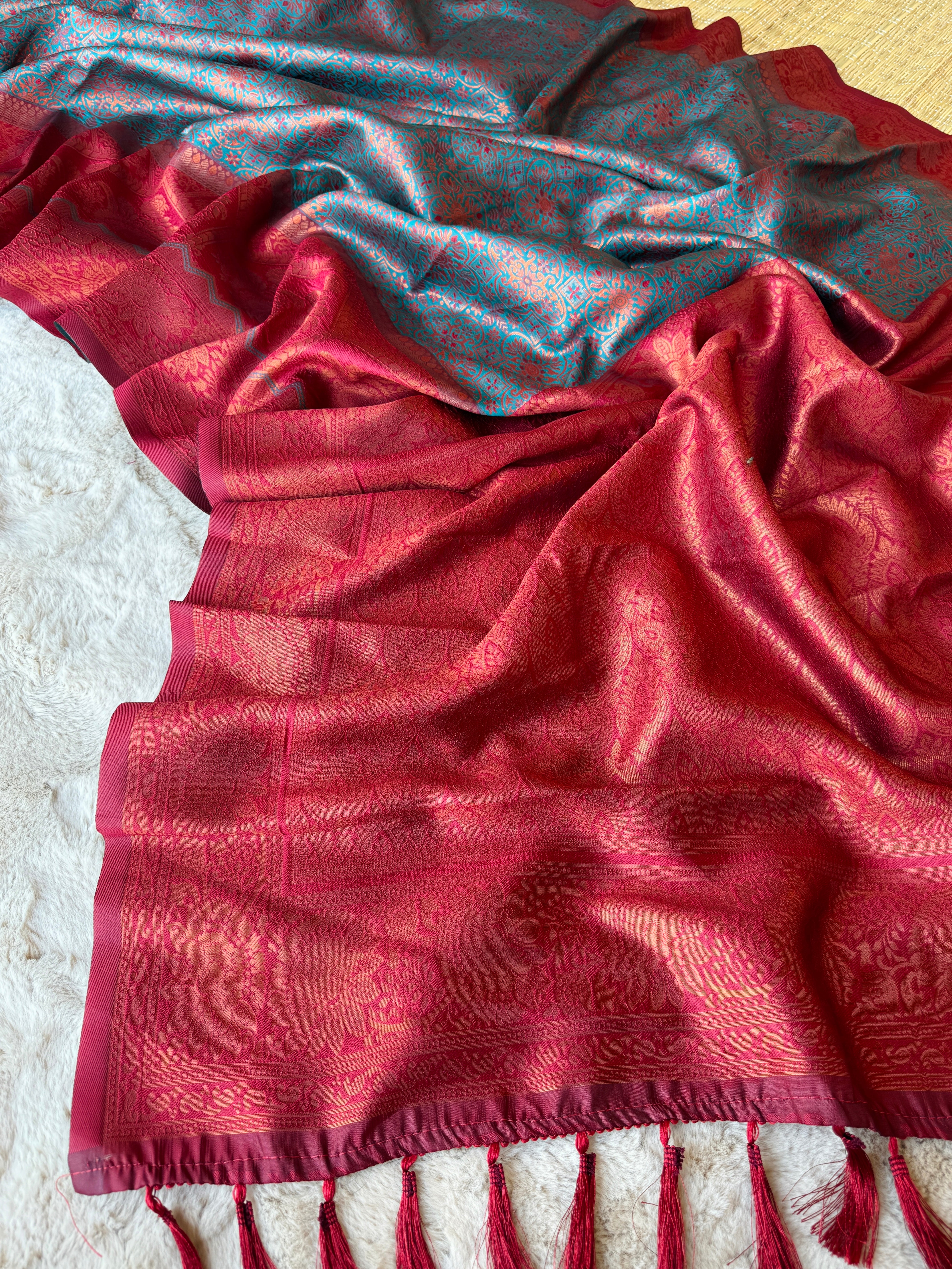 Turquoise Designer Tassels Premium Banarsi Silk Saree