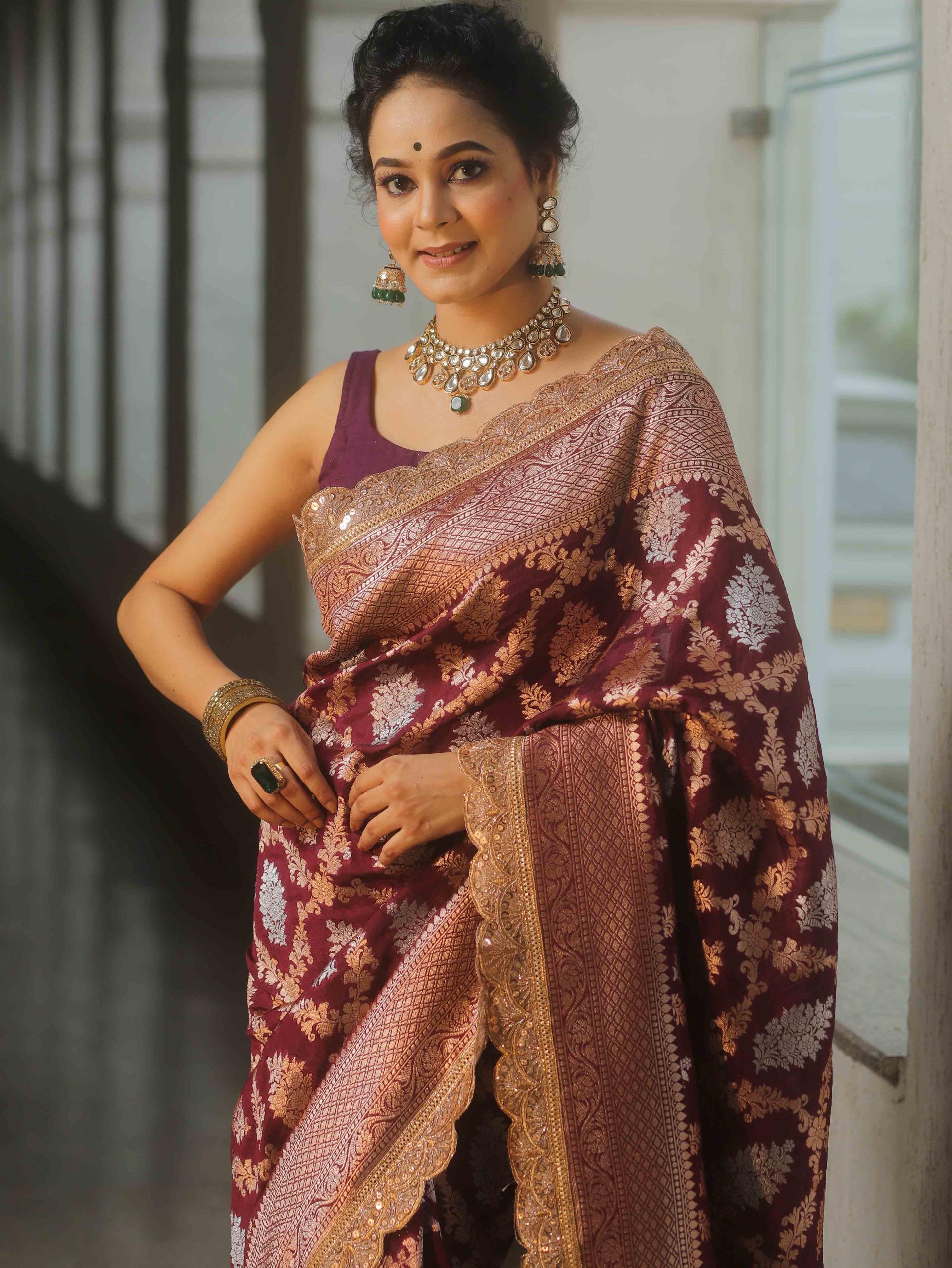 Velvet maroon banarsi katan silk saree
