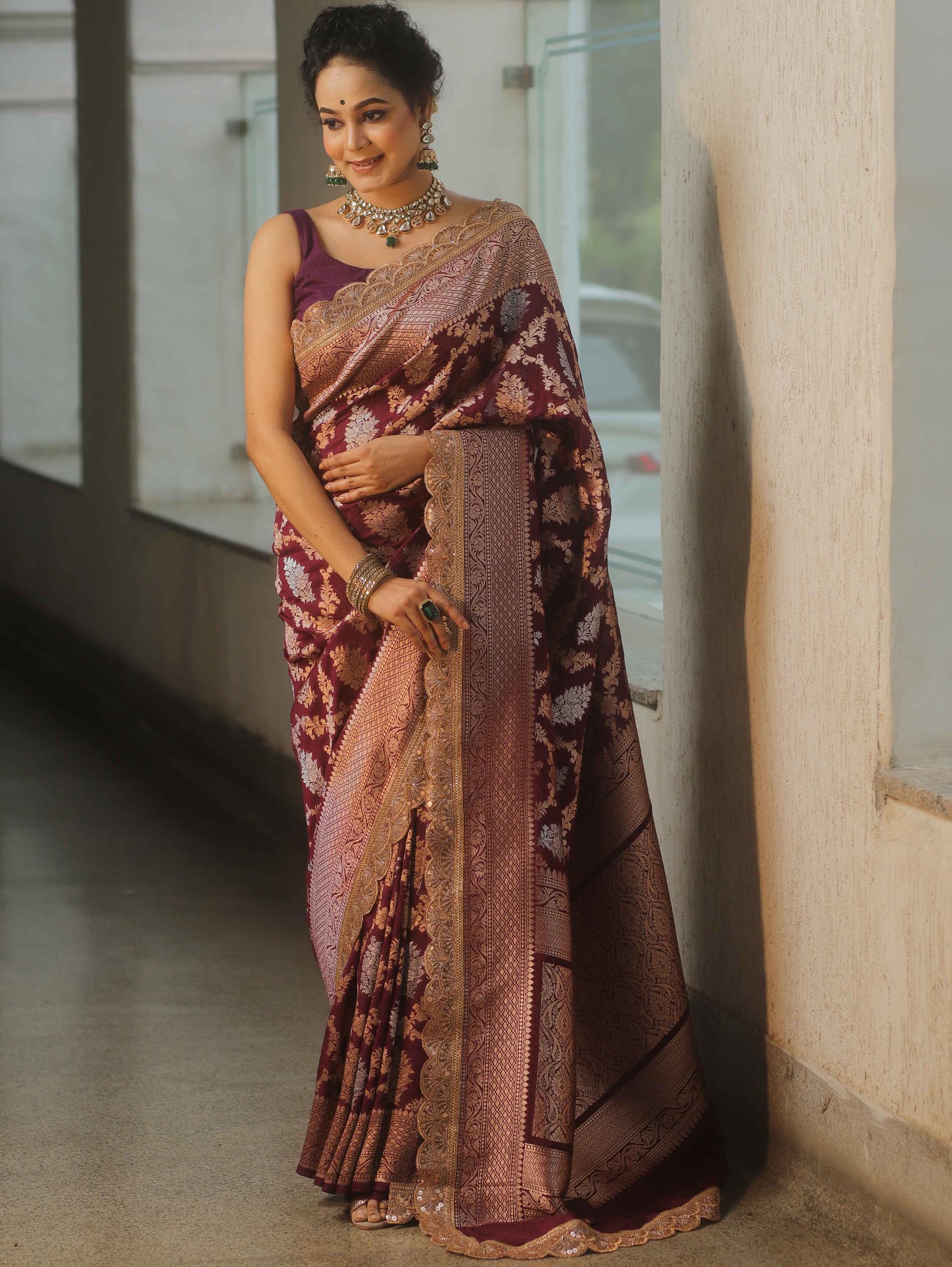 Velvet maroon banarsi katan silk saree