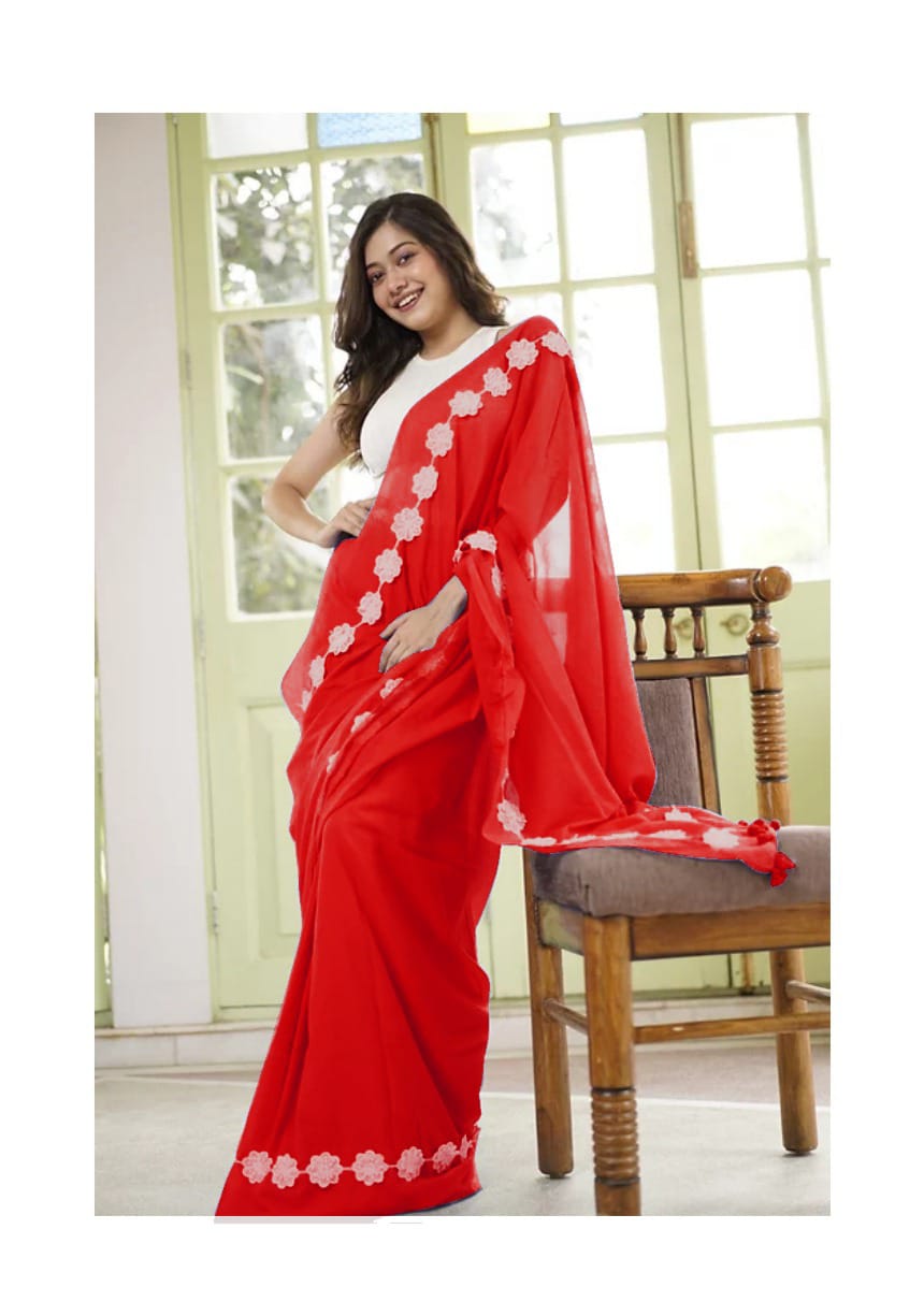 Venetian Red Georgette Fancy Lace Attech Saree