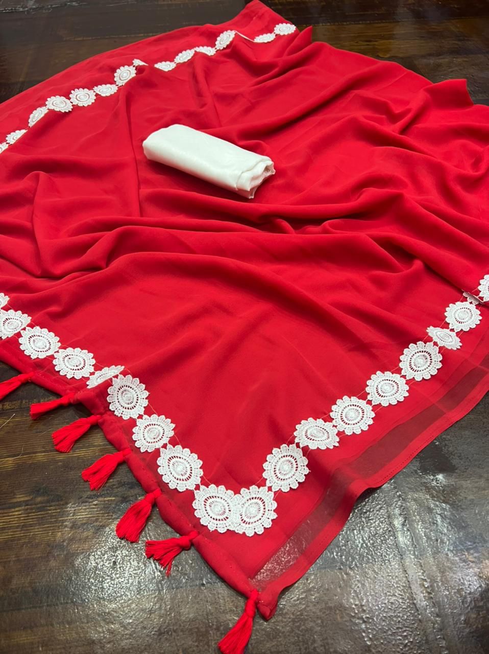 Venetian Red Georgette Fancy Lace Attech Saree