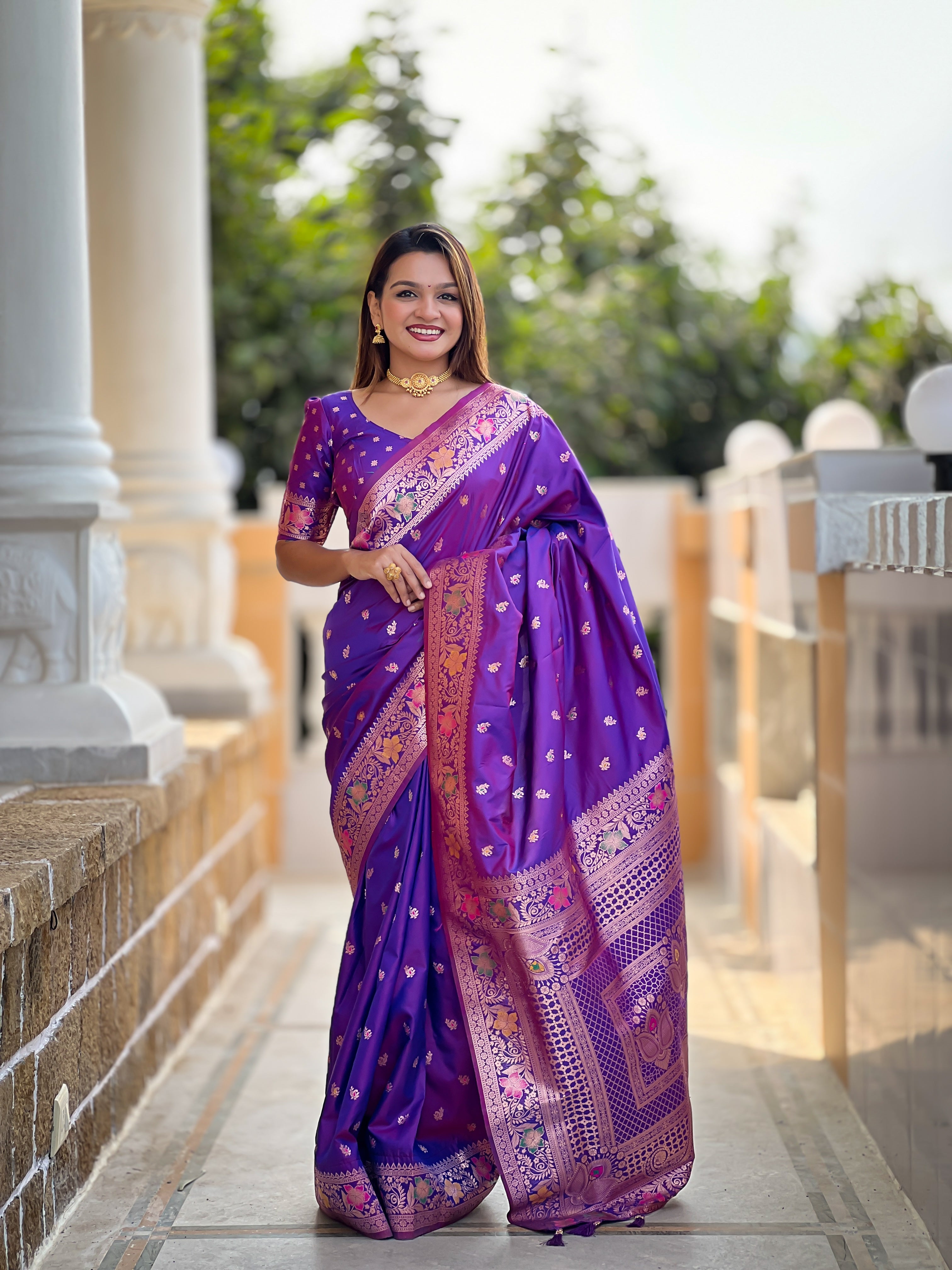 Violet Soft Banarasi Silk Saree With Zari Weaving Meenakari