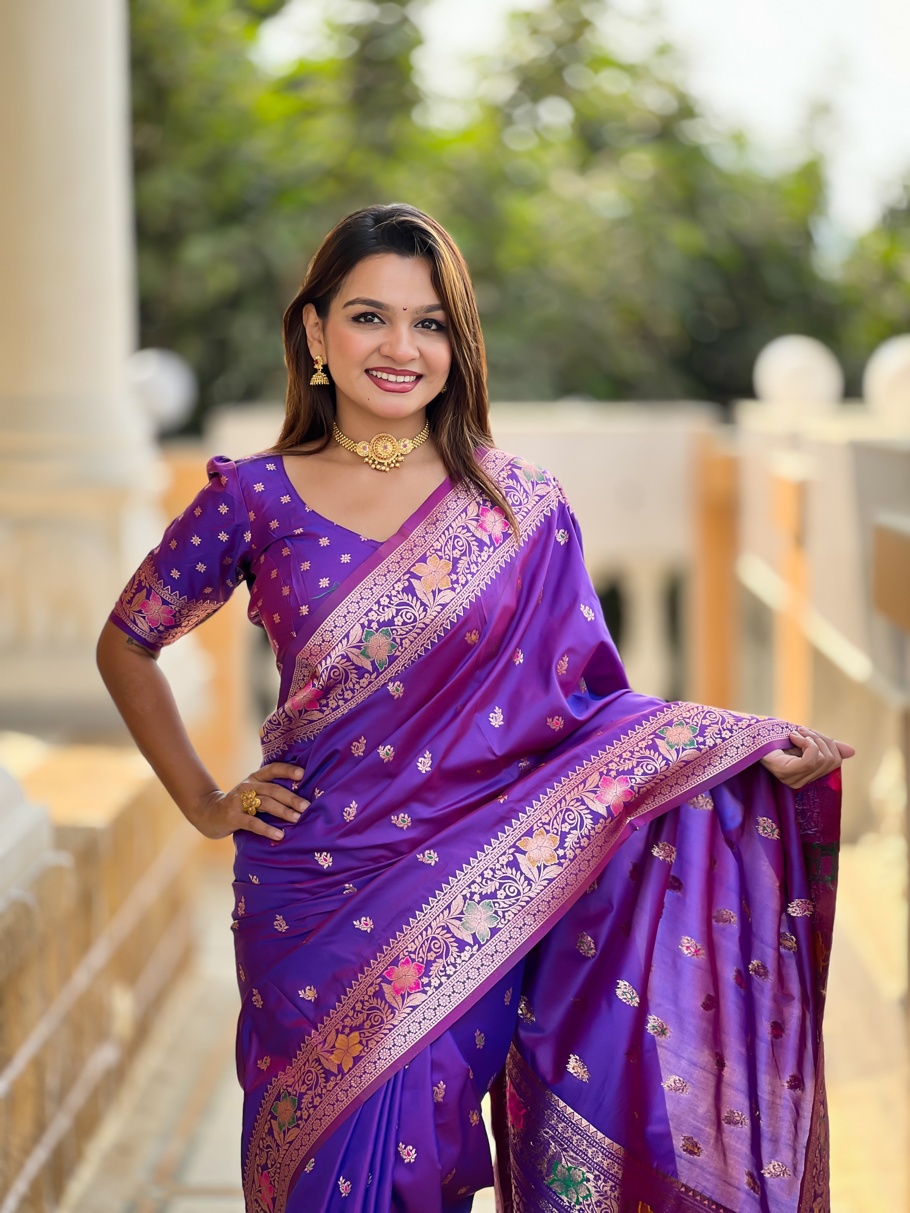 Violet Soft Banarasi Silk Saree With Zari Weaving Meenakari