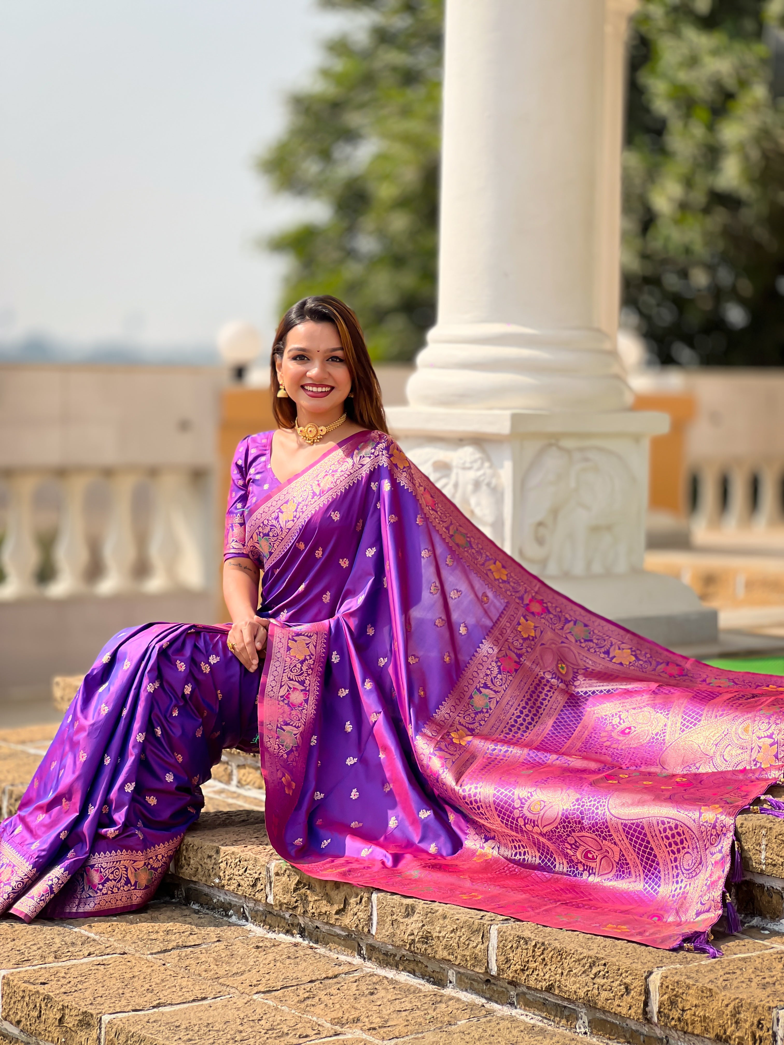 Violet Soft Banarasi Silk Saree With Zari Weaving Meenakari