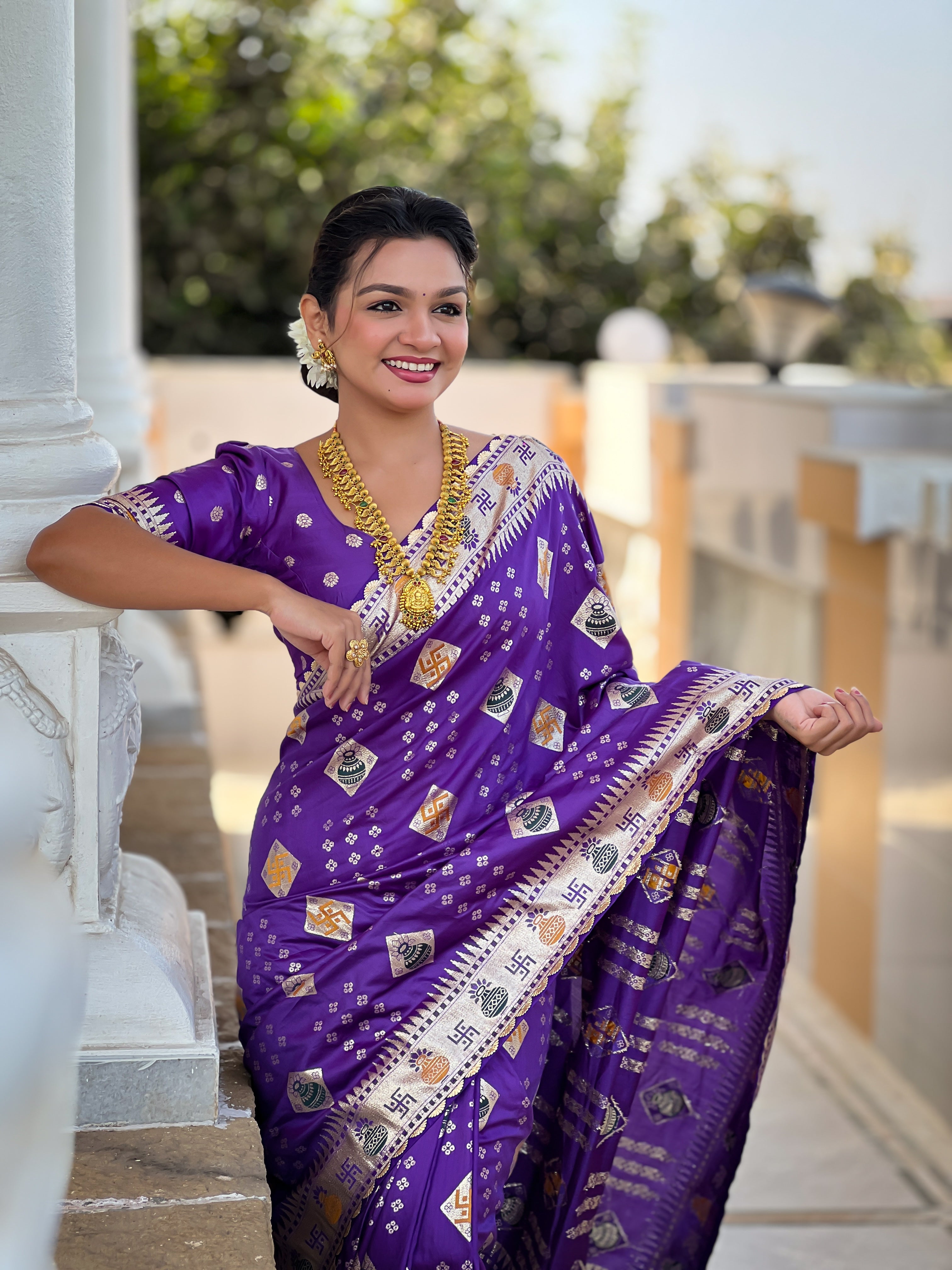Violet Swastik Dolla Silk Saree Heavy Meenakari Kalash Design