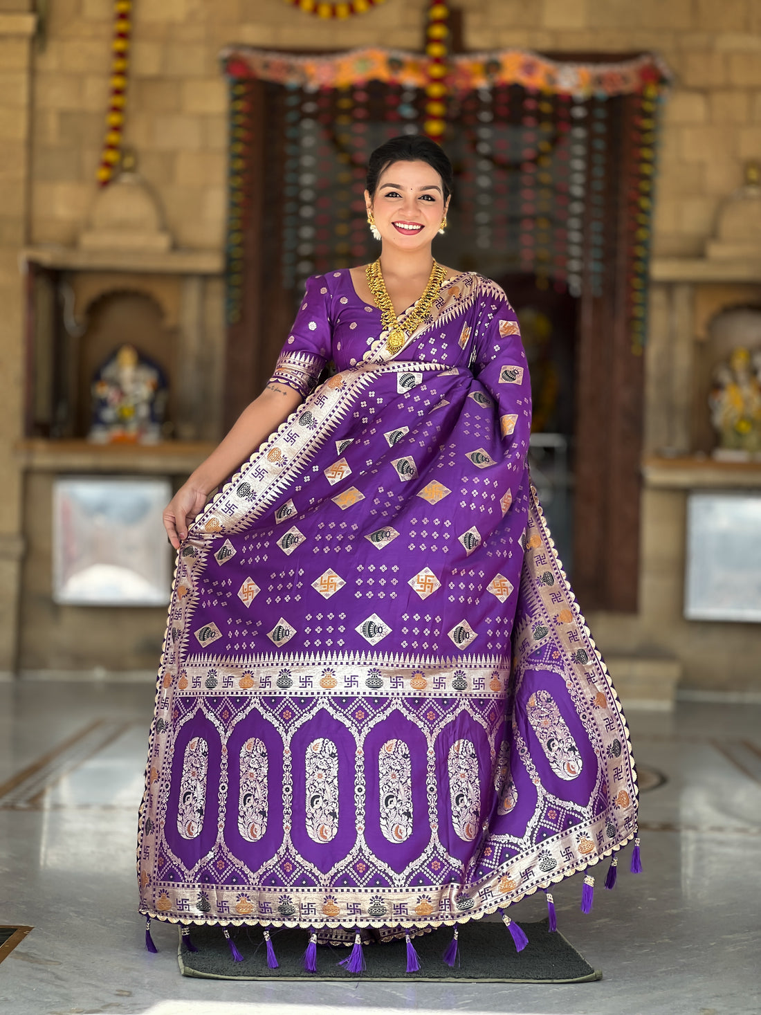 Violet Swastik Dolla Silk Saree Heavy Meenakari Kalash Design
