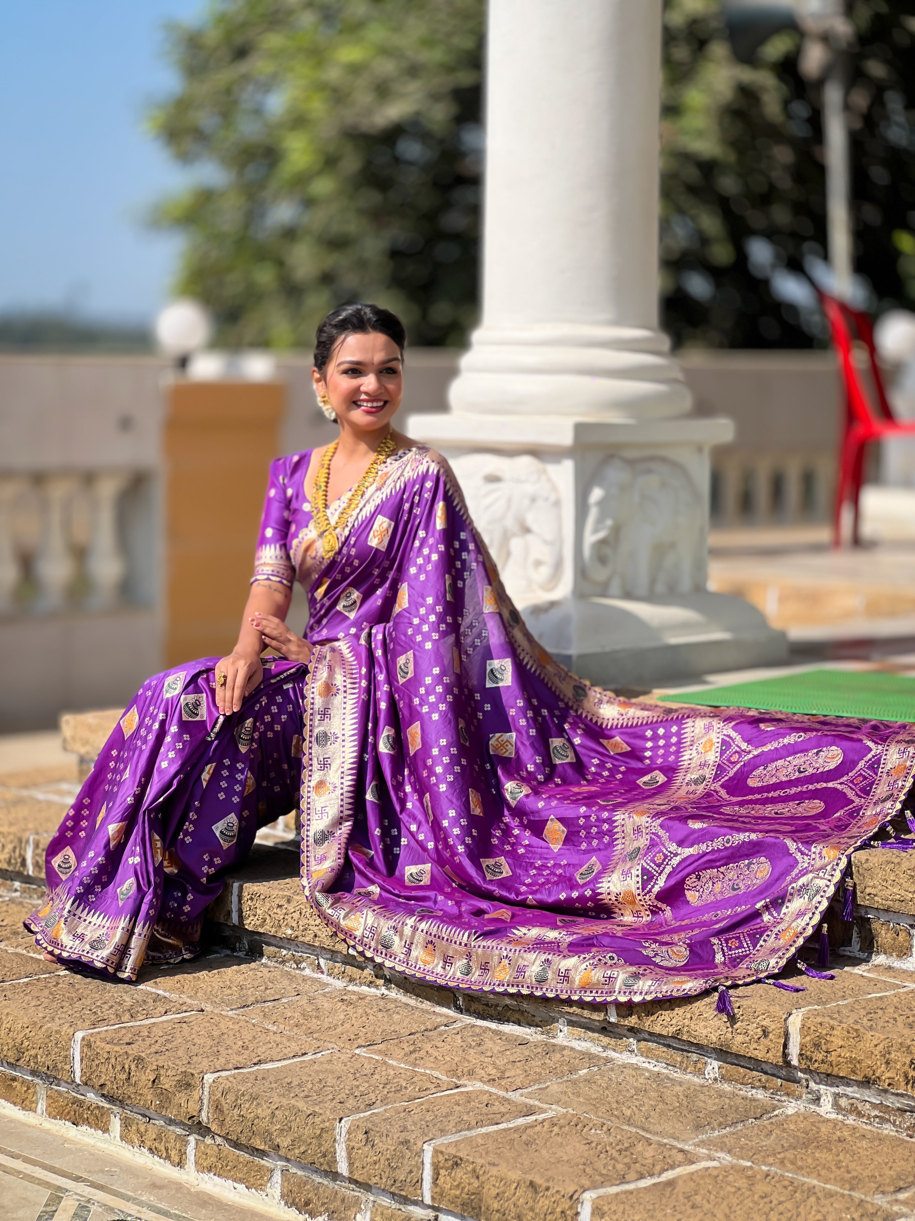 Violet Swastik Dolla Silk Saree Heavy Meenakari Kalash Design