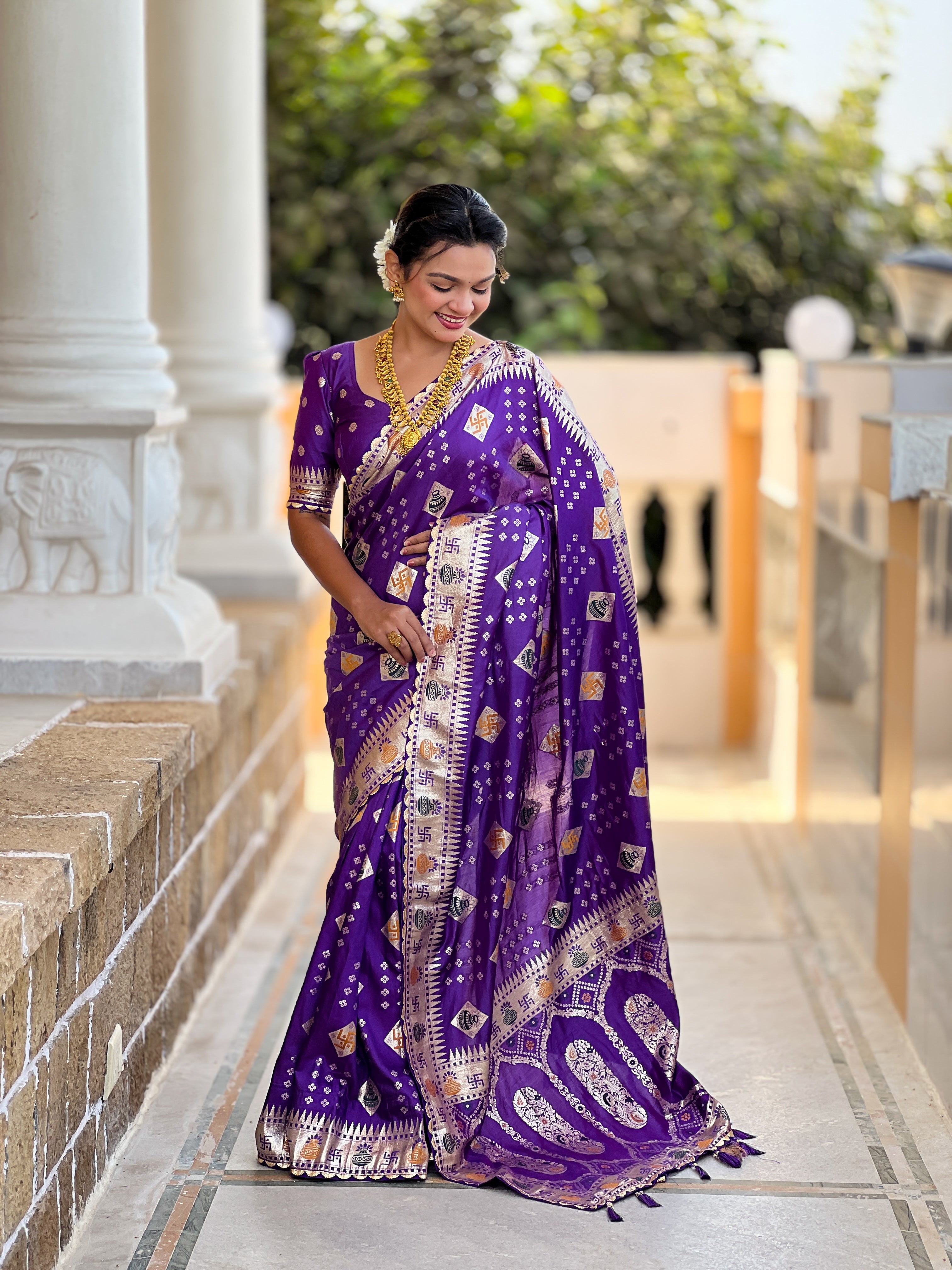 Violet Swastik Dolla Silk Saree Heavy Meenakari Kalash Design