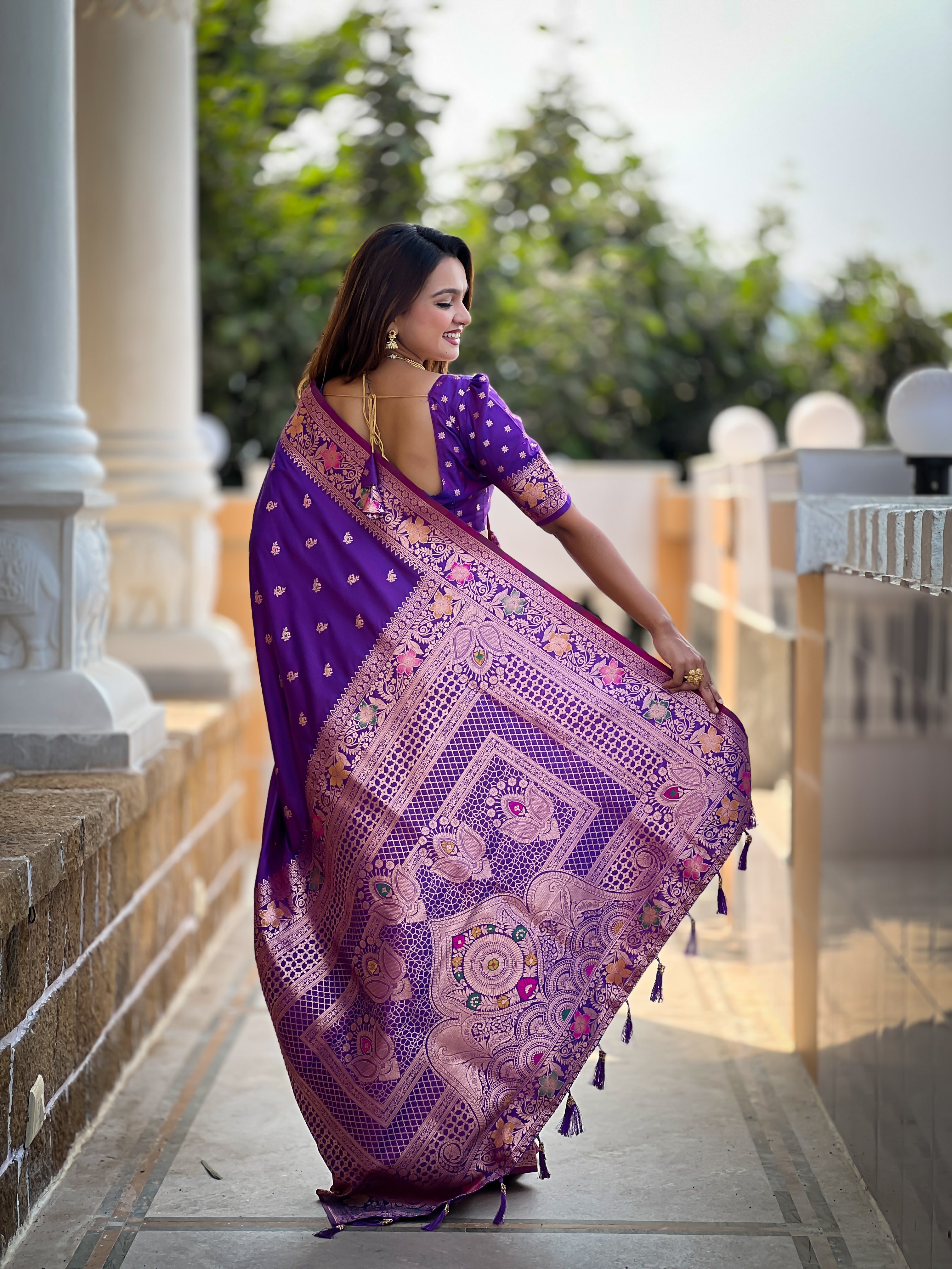 Violet Soft Banarasi Silk Saree With Zari Weaving Meenakari