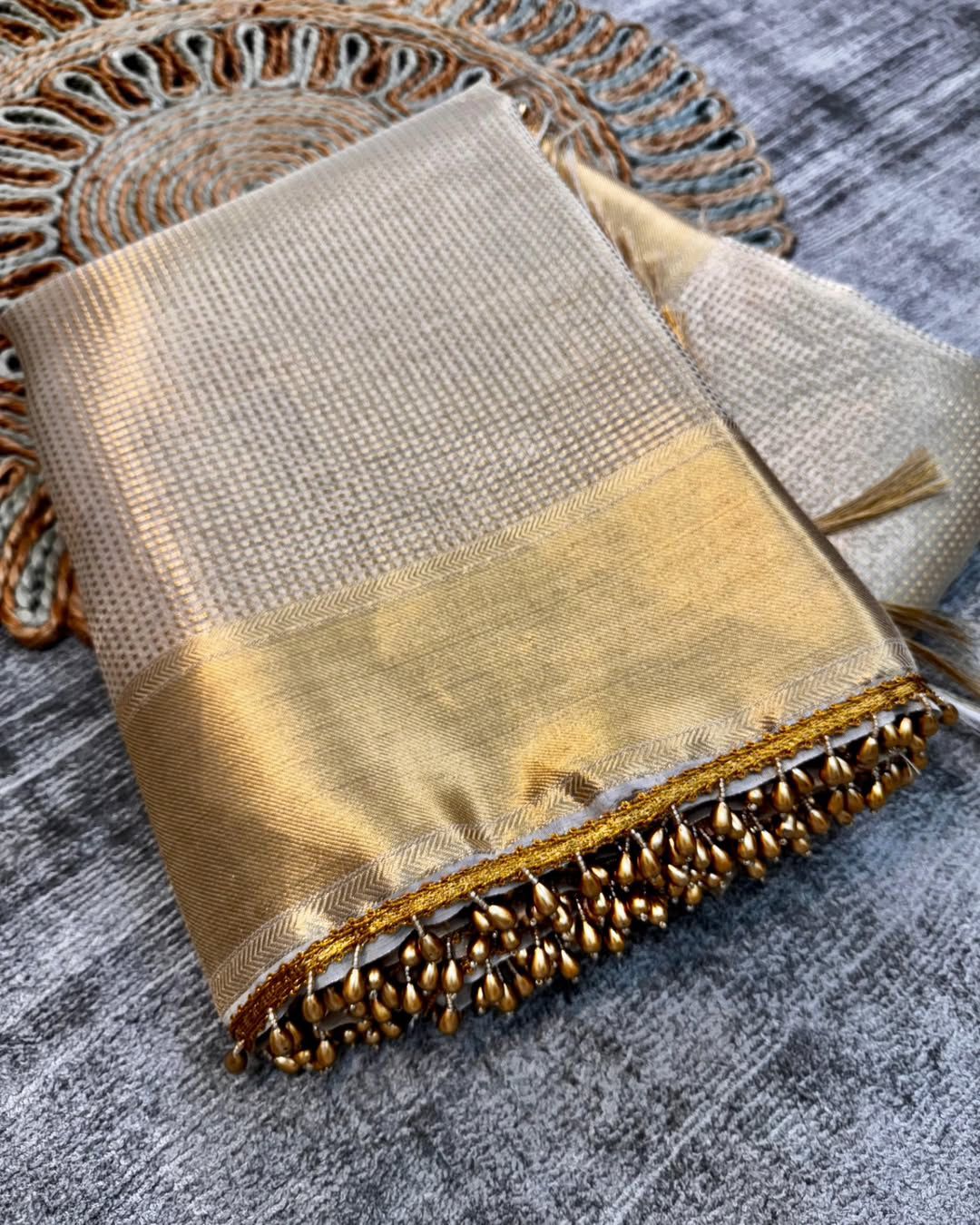Warm Grey Beautiful Banarsi Handloom Golden Tissue Silk Saree
