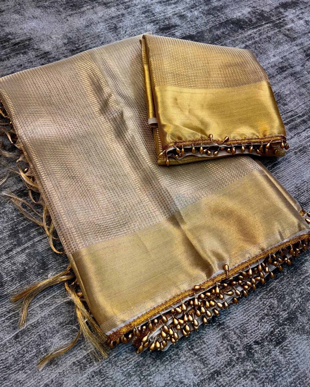 Warm Grey Beautiful Banarsi Handloom Golden Tissue Silk Saree