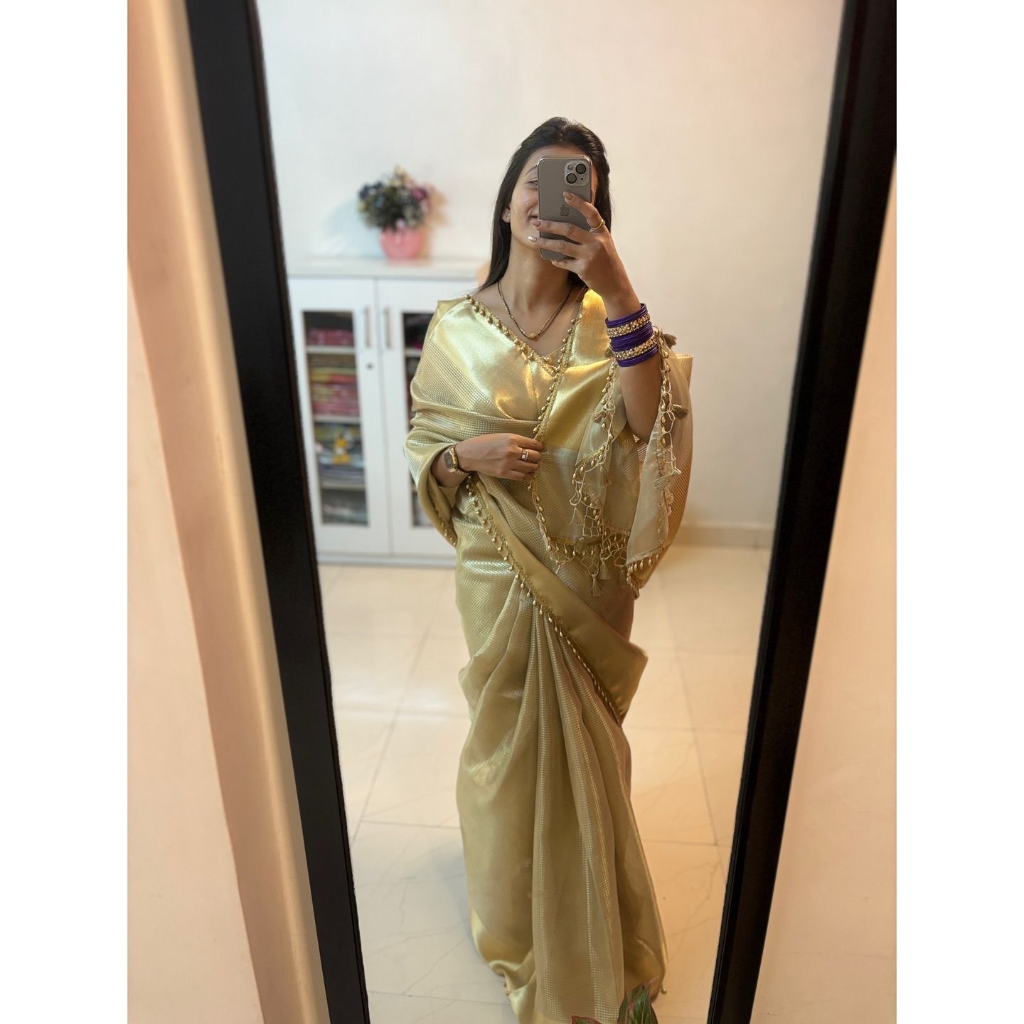 Warm Grey Banarsi Handloom Golden Tissue Silk Saree