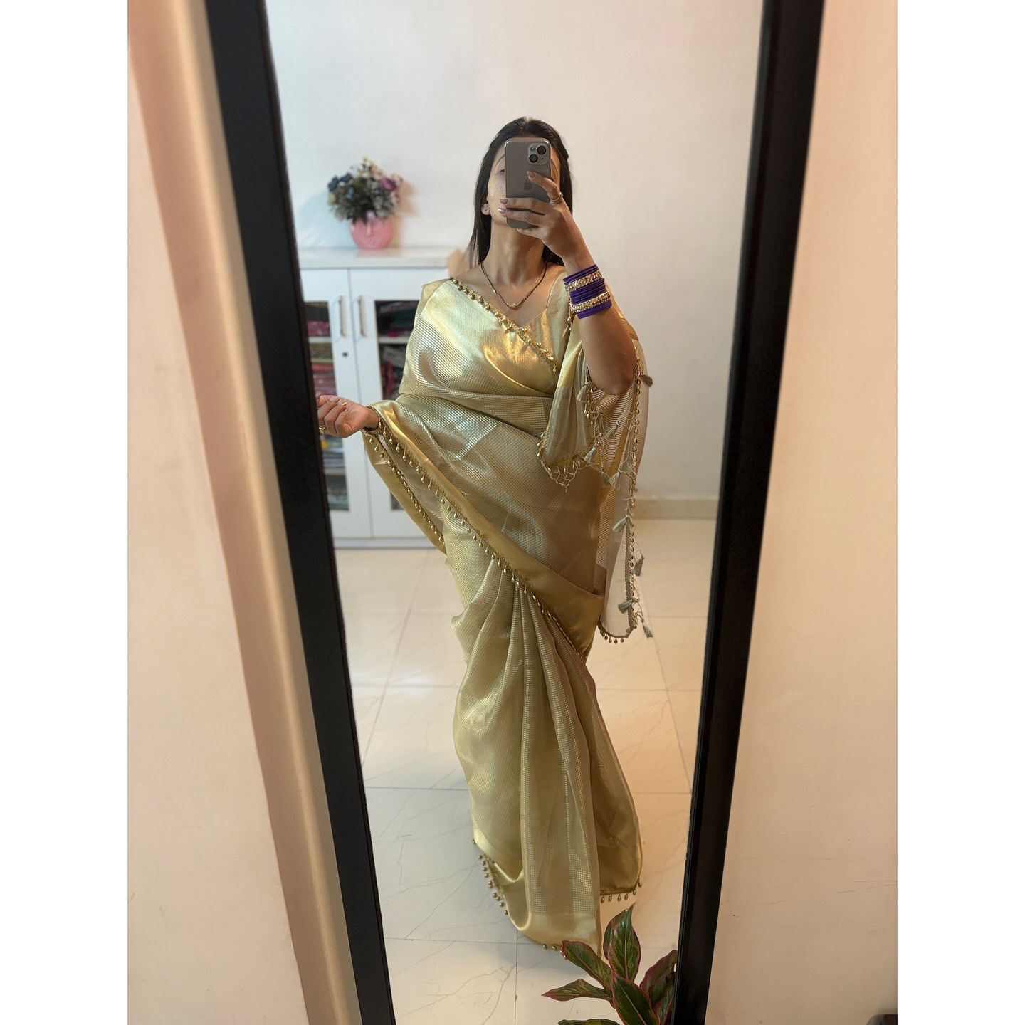 Warm Grey Banarsi Handloom Golden Tissue Silk Saree