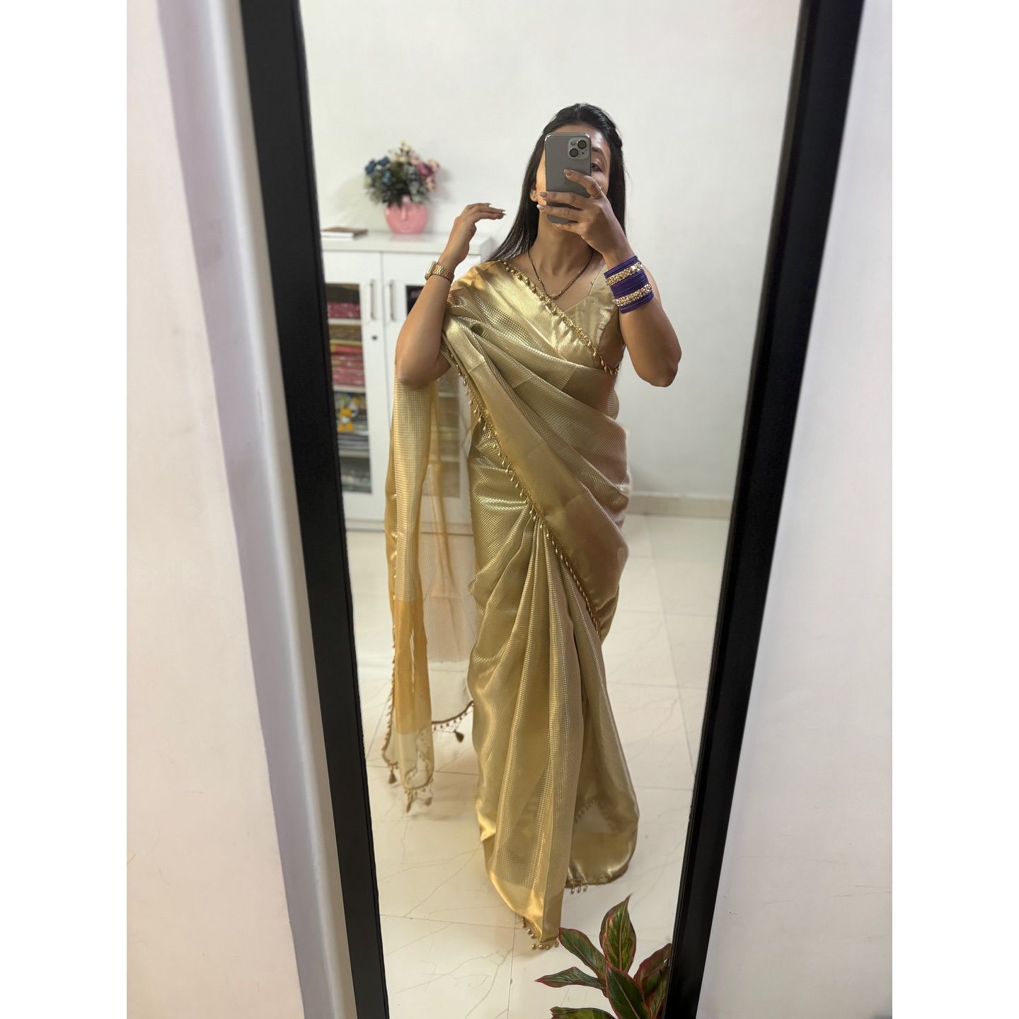 Warm Grey Banarsi Handloom Golden Tissue Silk Saree