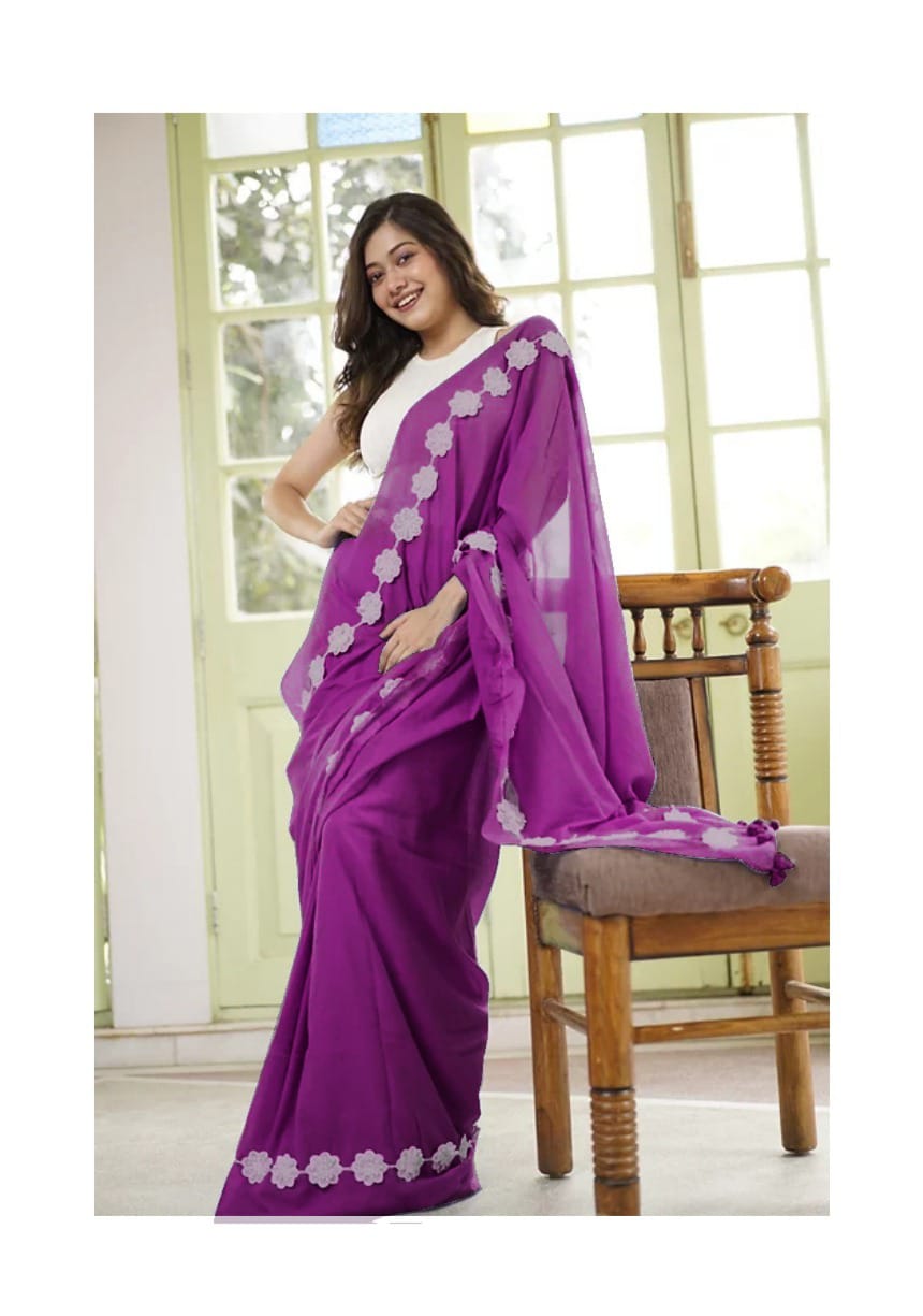 Warm Purple Georgette Fancy Lace Attech Saree
