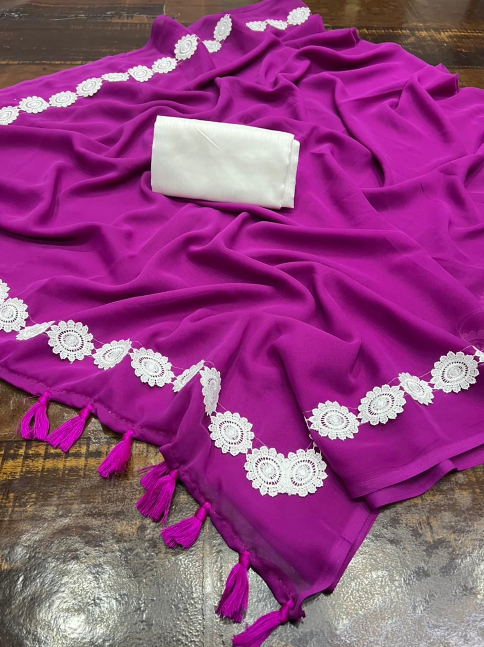 Warm Purple Georgette Fancy Lace Attech Saree