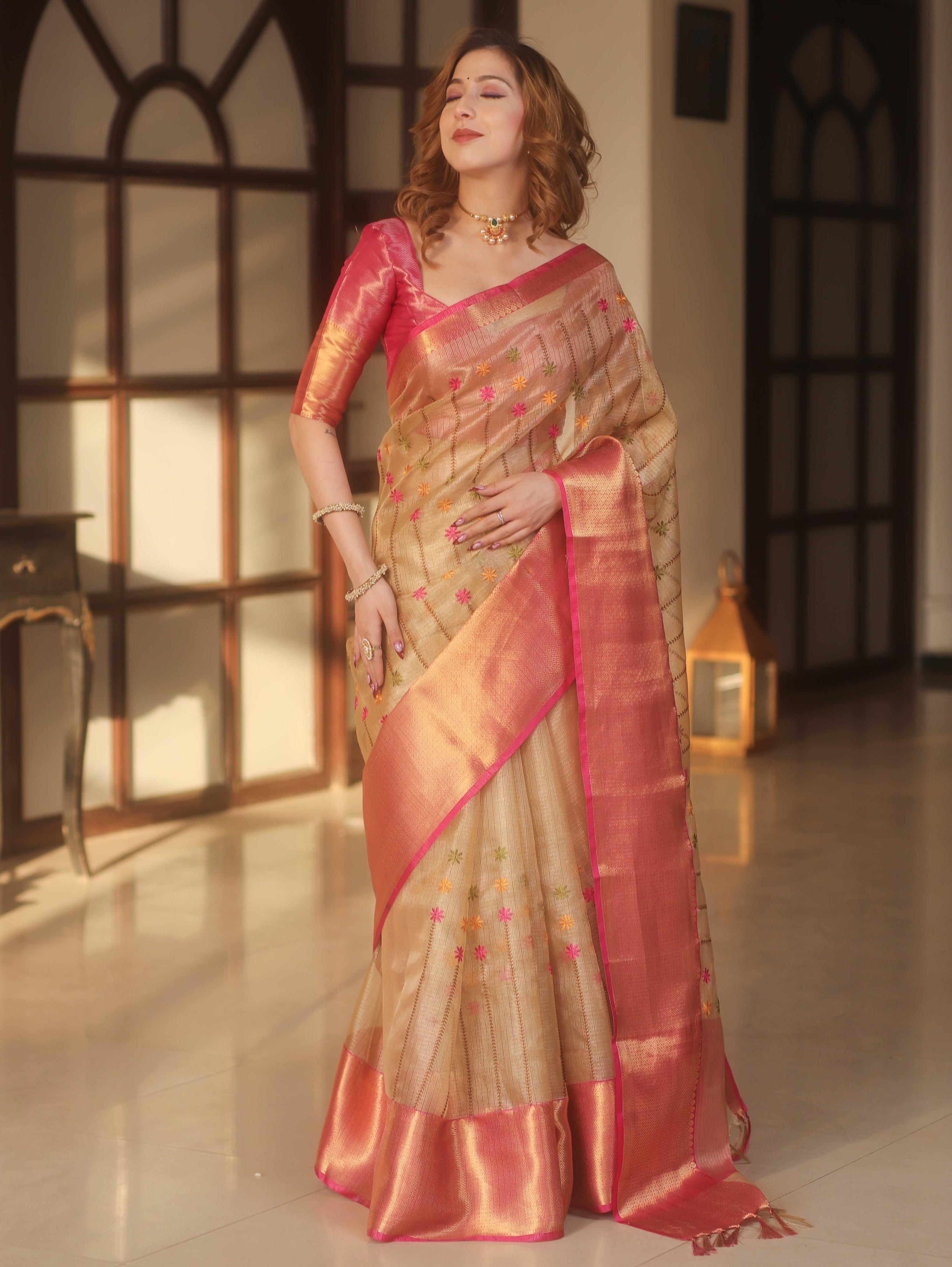 Handwoven Embroidery Tissue Saree With Zari Broad Border