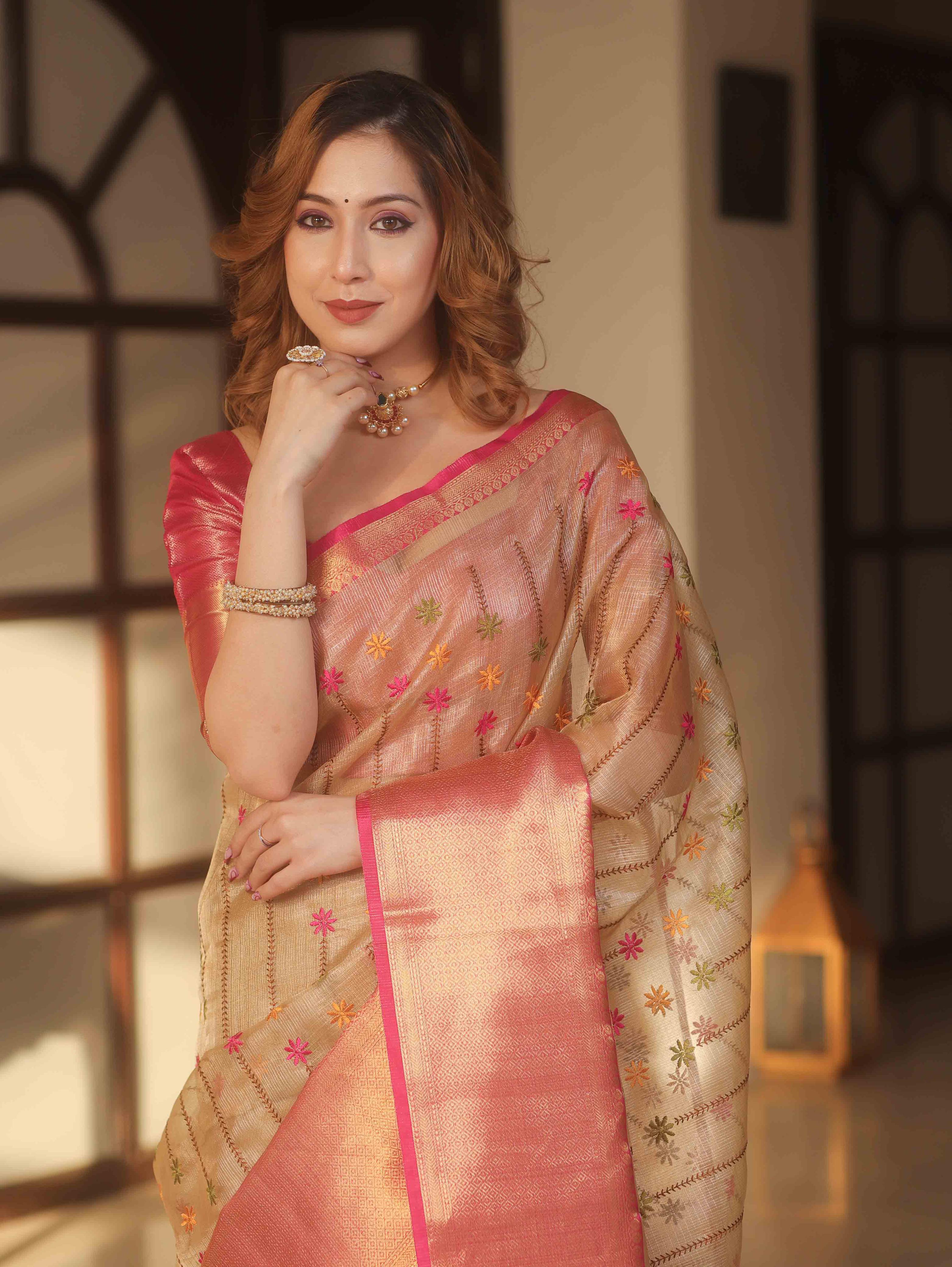 Handwoven Embroidery Tissue Saree With Zari Broad Border