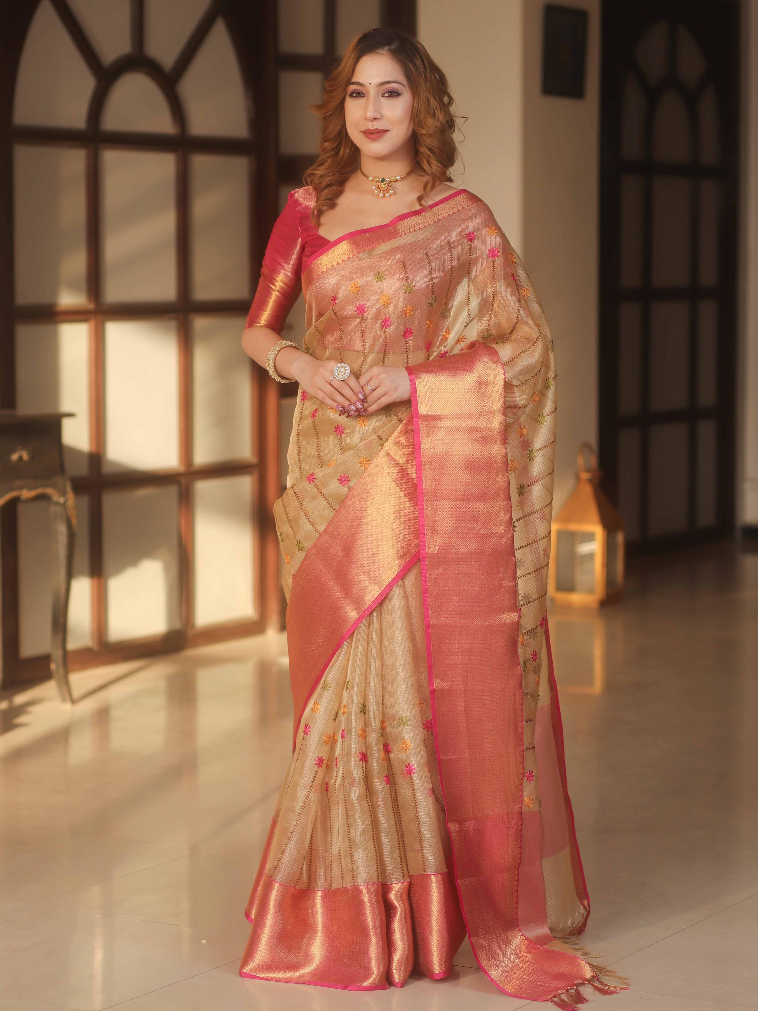 Handwoven Embroidery Tissue Saree With Zari Broad Border