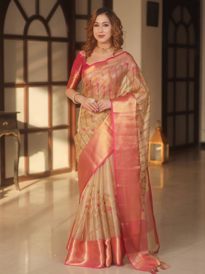 Handwoven Embroidery Tissue Saree With Zari Broad Border