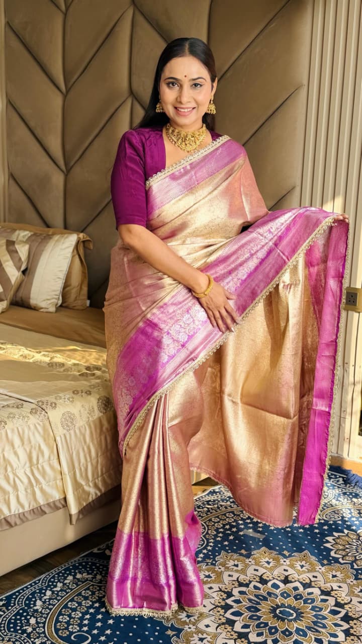 Rich Golden-Beige and Wine Silk Saree