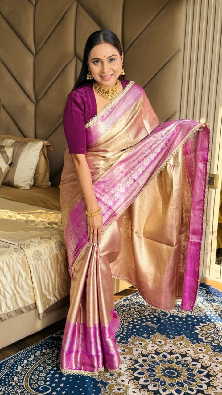 Rich Golden-Beige and Wine Silk Saree