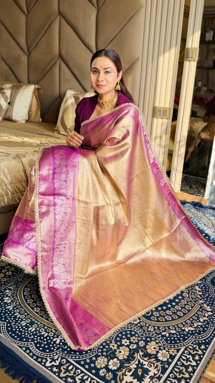 Rich Golden-Beige and Wine Silk Saree