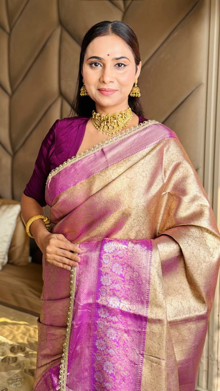 Rich Golden-Beige and Wine Silk Saree