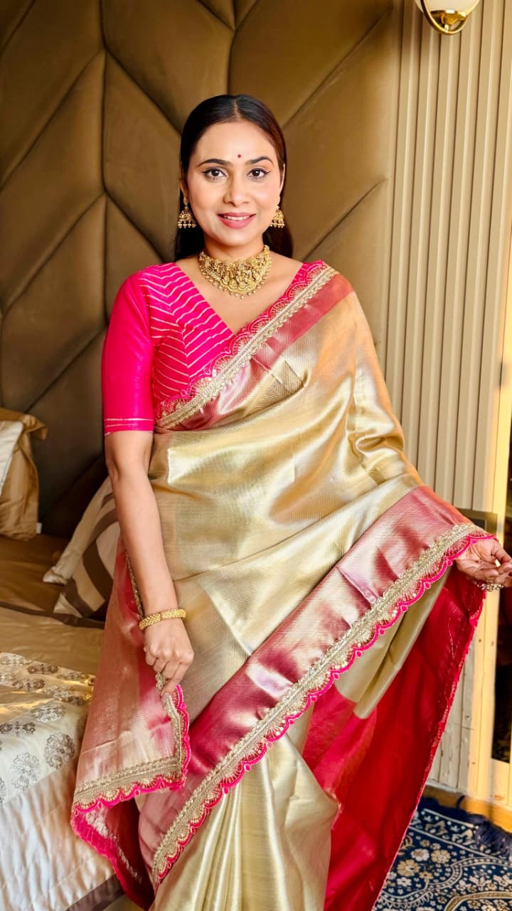 Gold Soft Tissue Silk Saree with Kaju Katli Design Rich Pallu