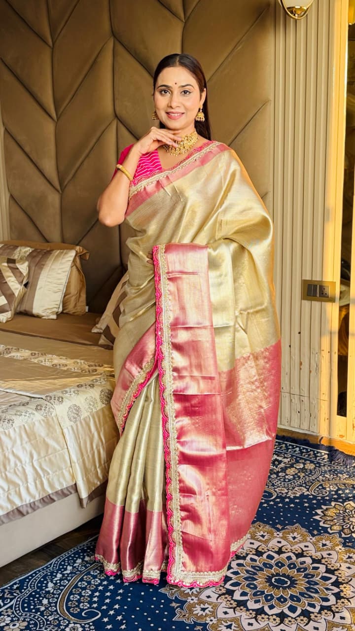 Gold Soft Tissue Silk Saree with Kaju Katli Design Rich Pallu