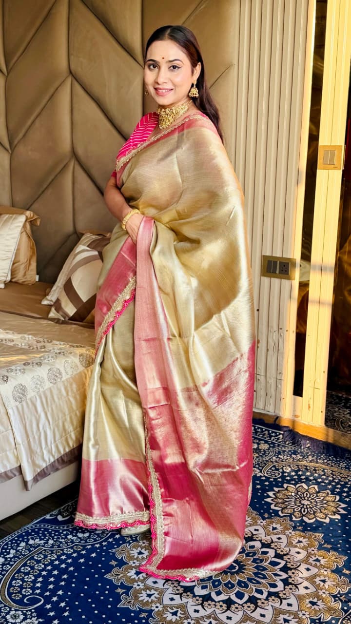 Gold Soft Tissue Silk Saree with Kaju Katli Design Rich Pallu