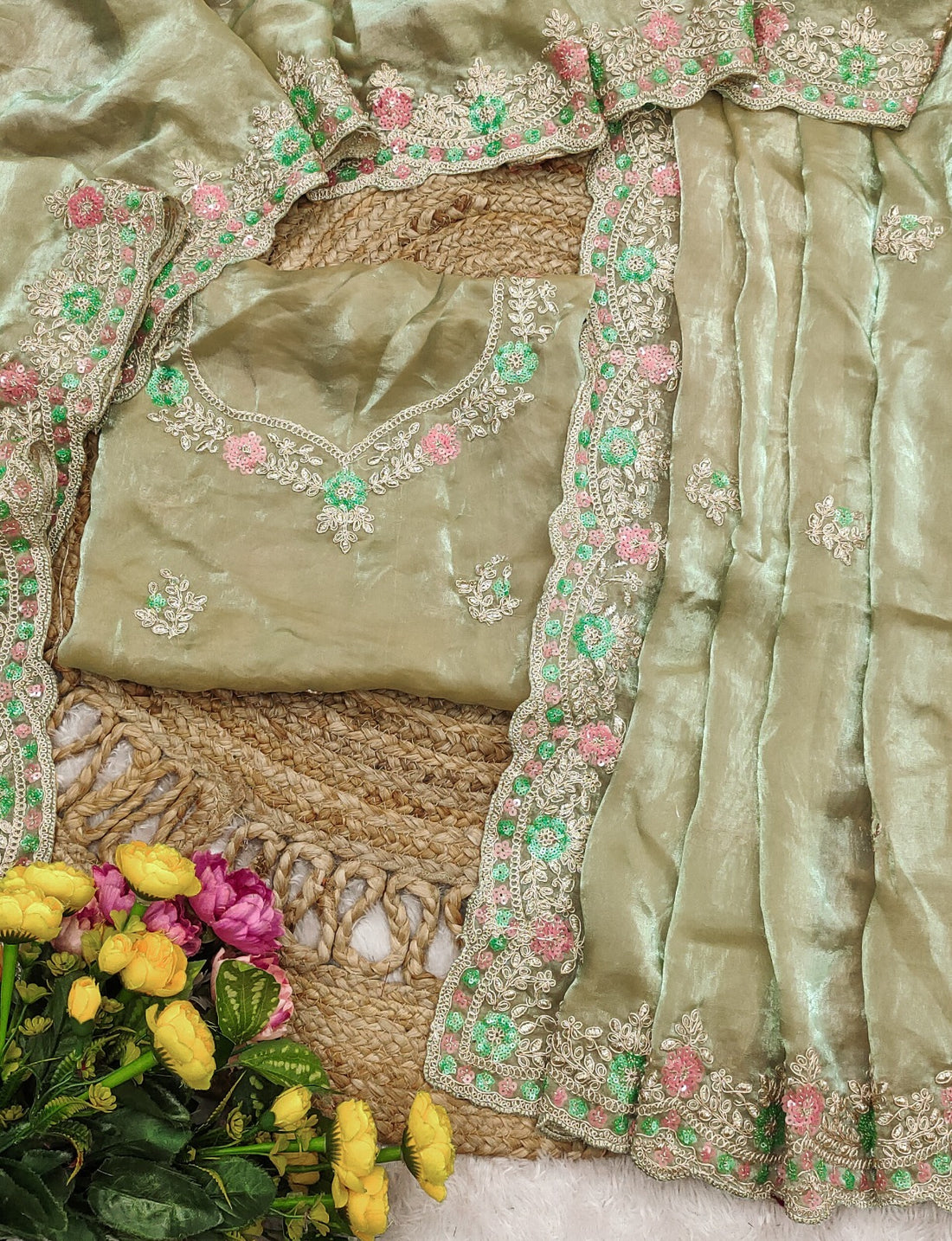 Green Multicolour Sequence and Cording Embroidery Pure Fandy Satin Silk Saree
