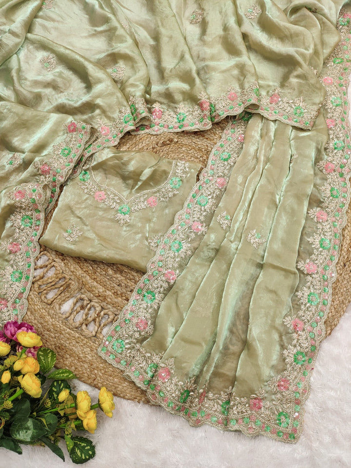 Green Multicolour Sequence and Cording Embroidery Pure Fandy Satin Silk Saree