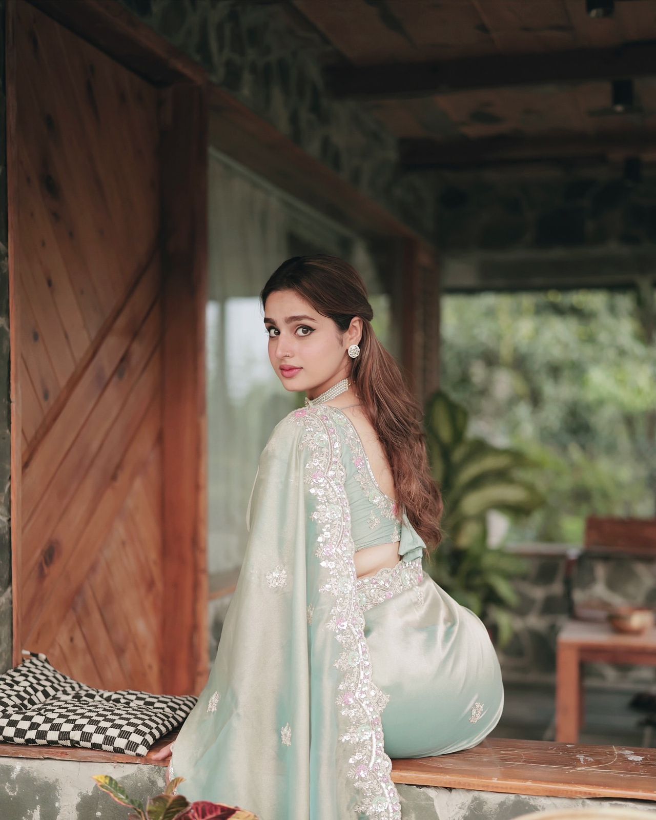 Green Multicolour Sequence and Cording Embroidery Pure Fandy Satin Silk Saree