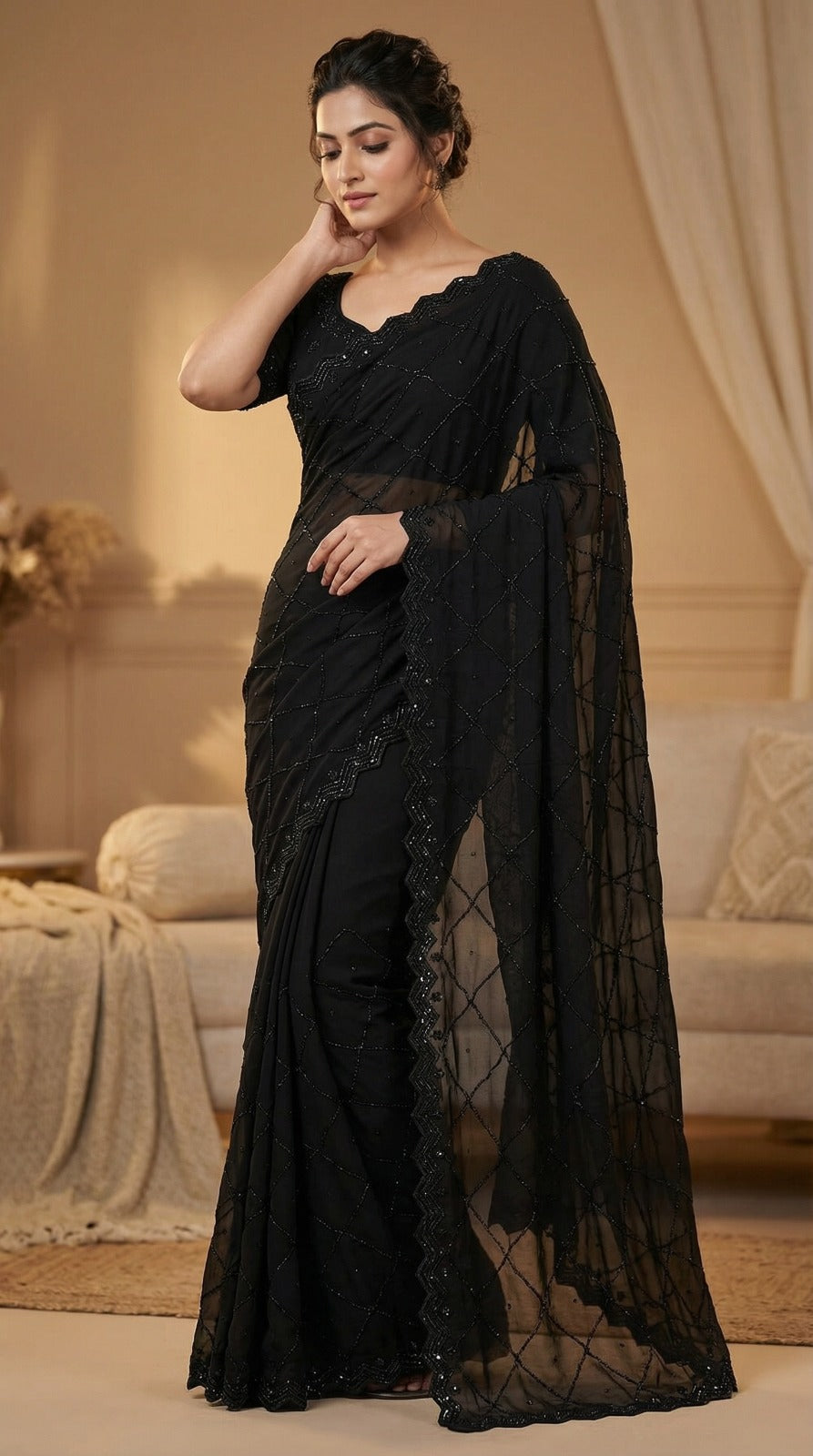Women Embellished Sequinned Pure Georgette Celebrity Saree
