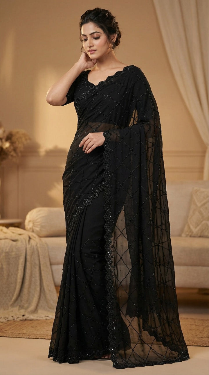 Women Embellished Sequinned Pure Georgette Celebrity Saree
