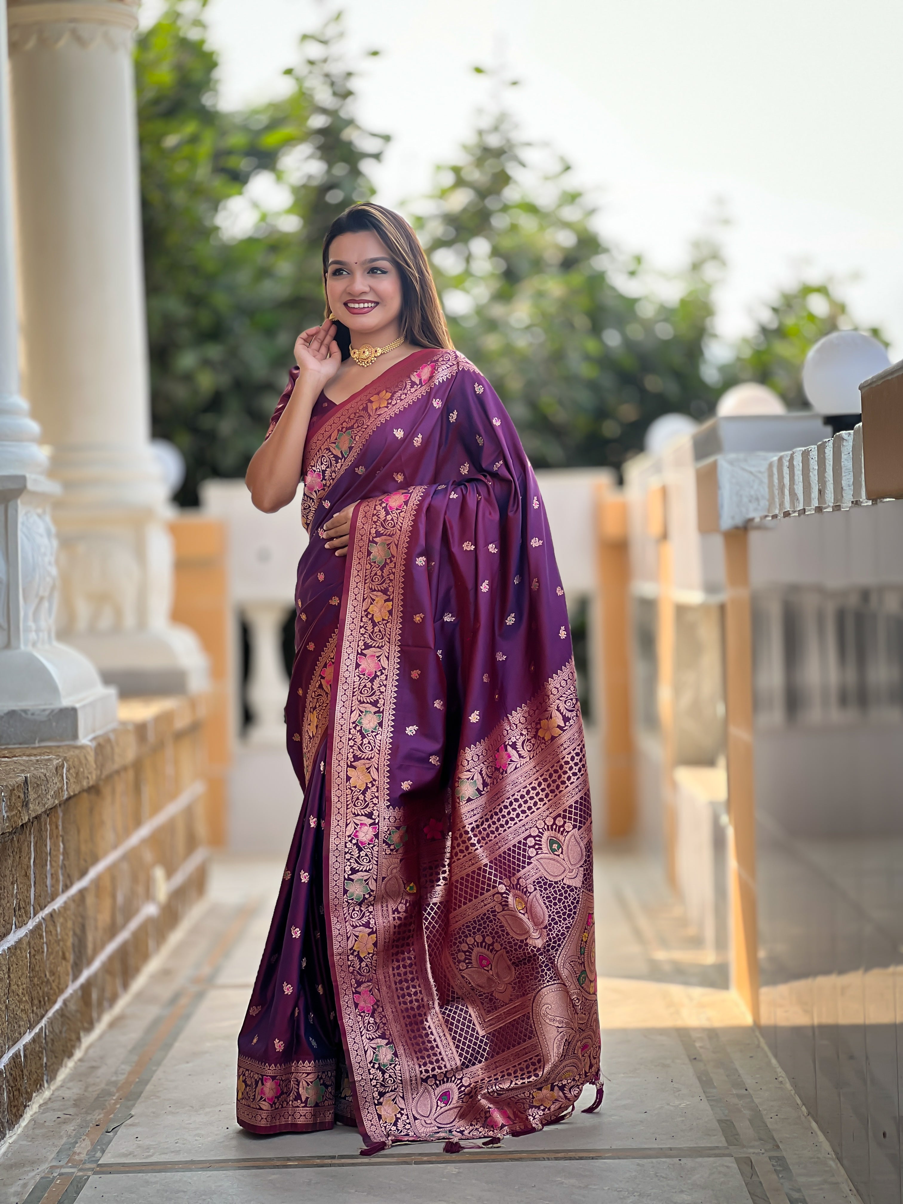 Wine Soft Banarasi Silk Saree With Zari Weaving Meenakari