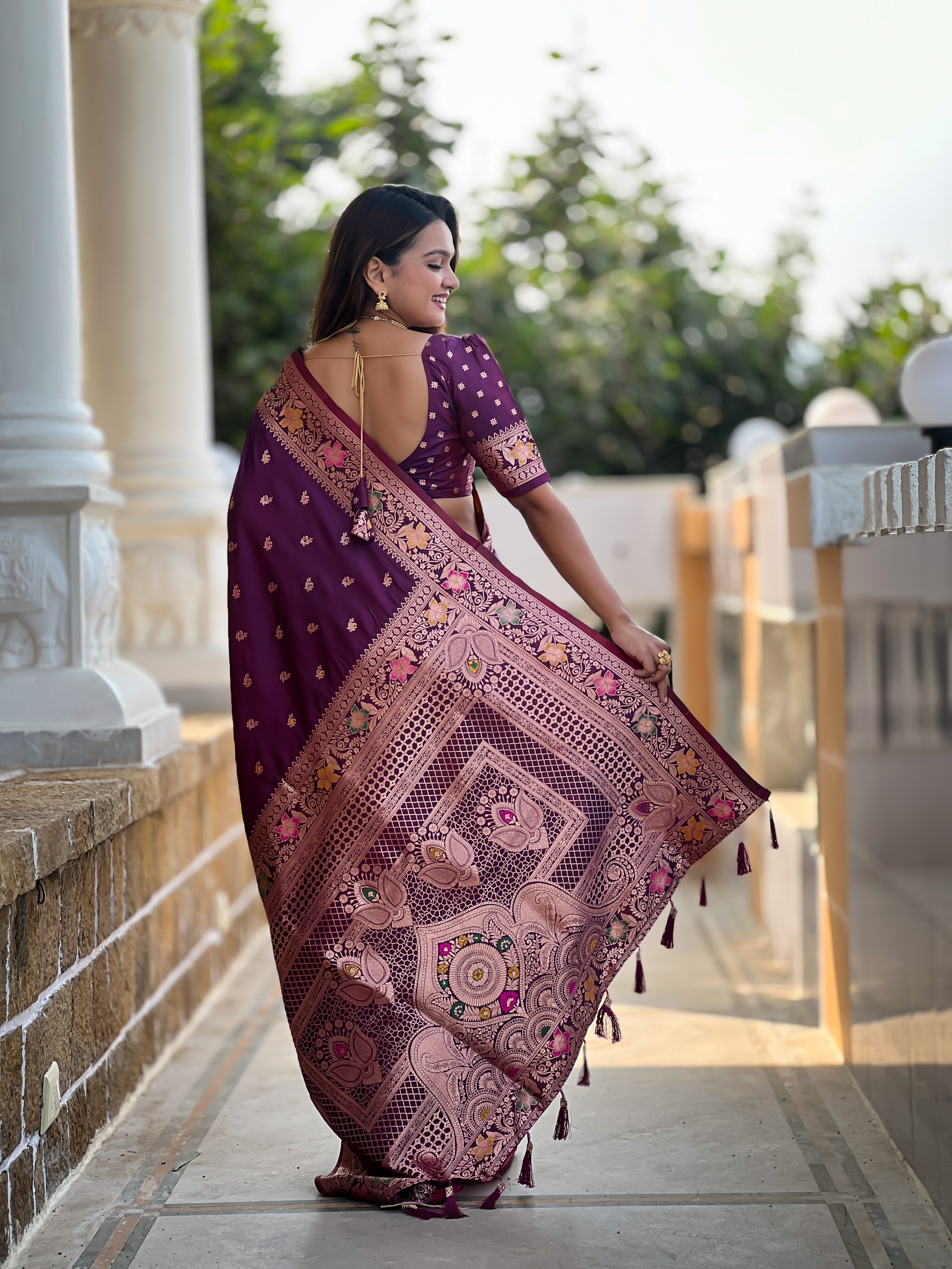 Wine Soft Banarasi Silk Saree With Zari Weaving Meenakari