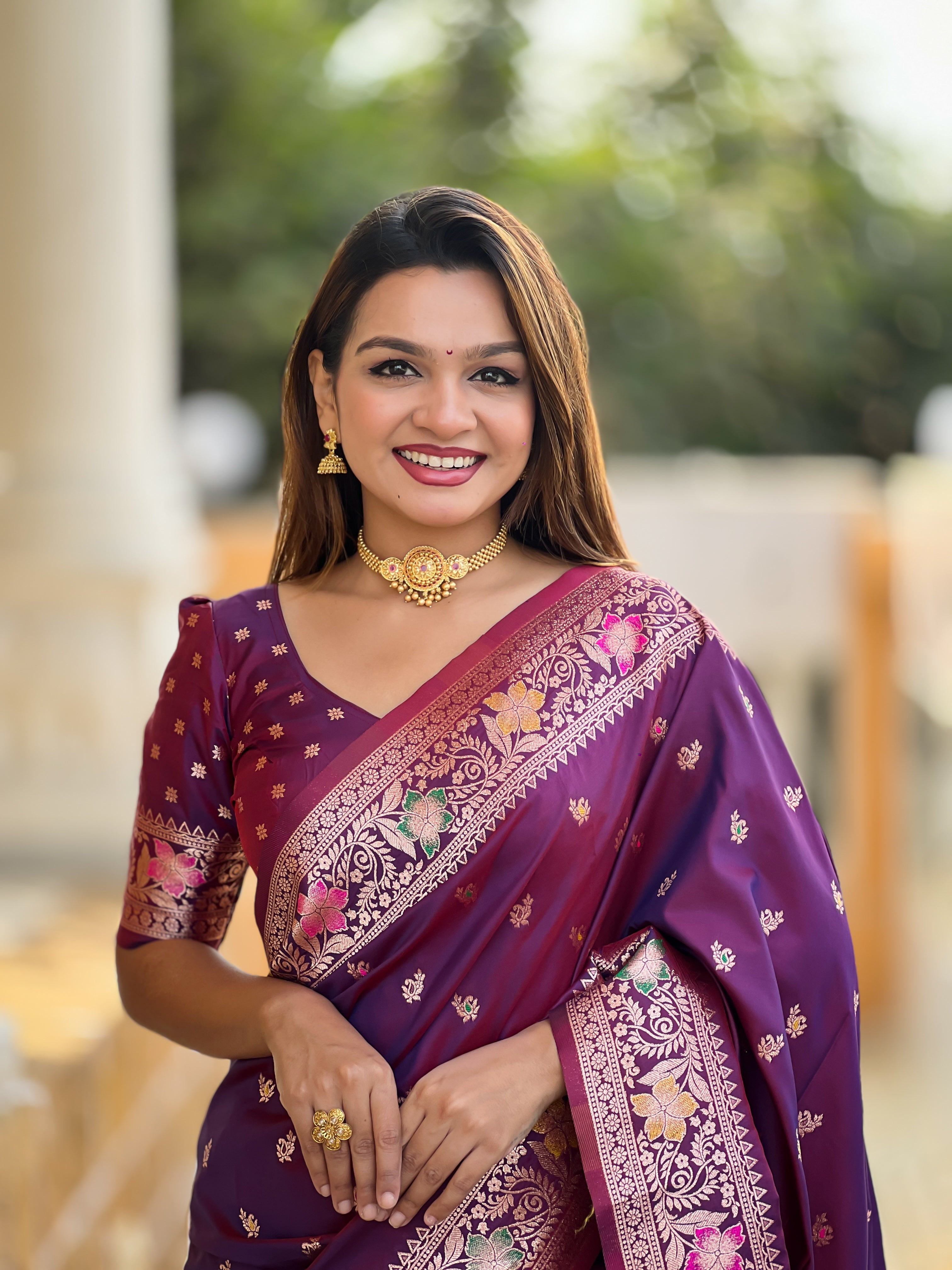 Wine Soft Banarasi Silk Saree With Zari Weaving Meenakari