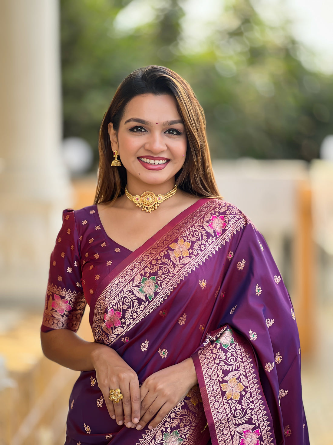Wine Soft Banarasi Silk Saree With Zari Weaving Meenakari