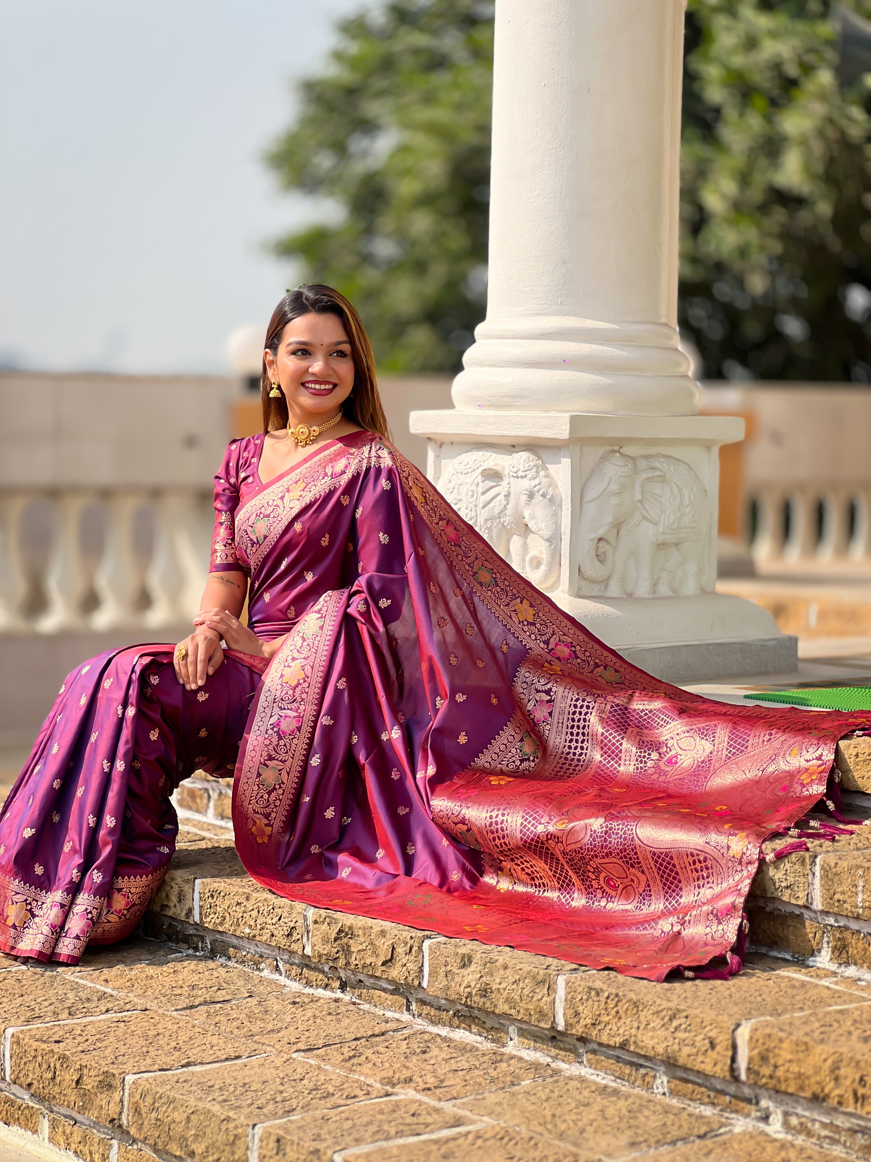 Wine Soft Banarasi Silk Saree With Zari Weaving Meenakari
