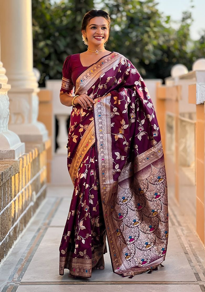 Wine Zari Embroidered Banarasi Silk Saree