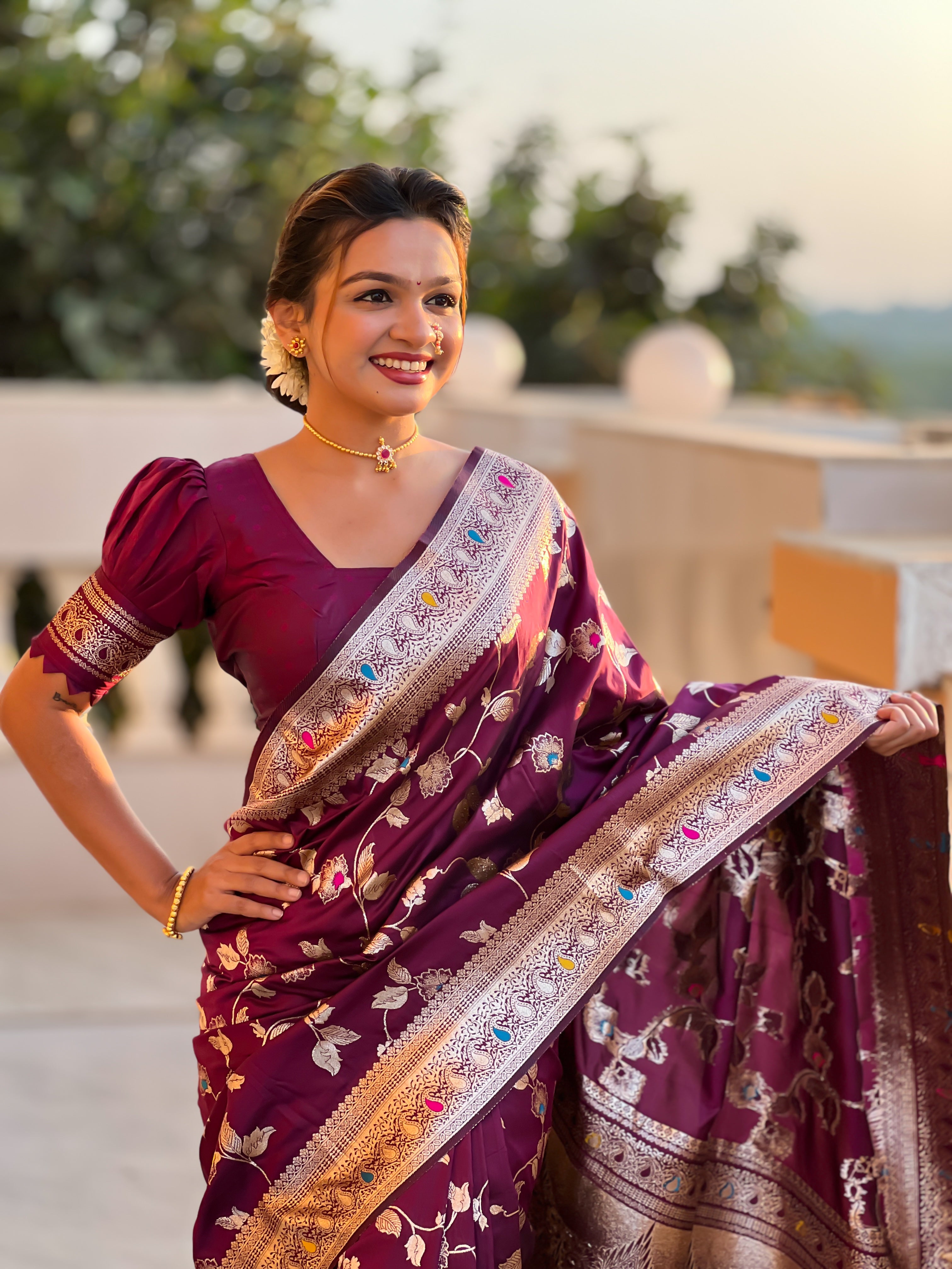 Wine Zari Embroidered Banarasi Silk Saree