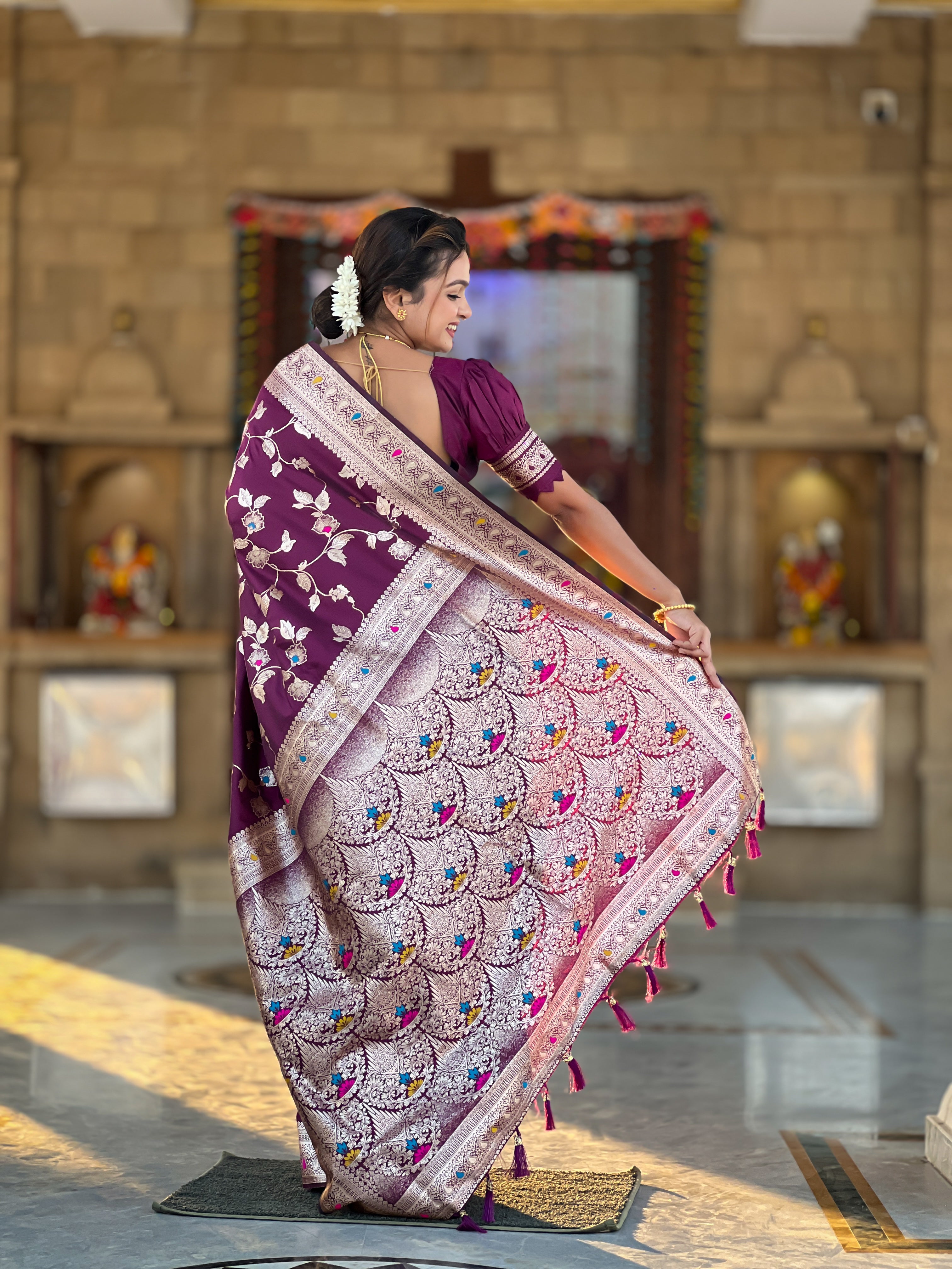 Wine Zari Embroidered Banarasi Silk Saree